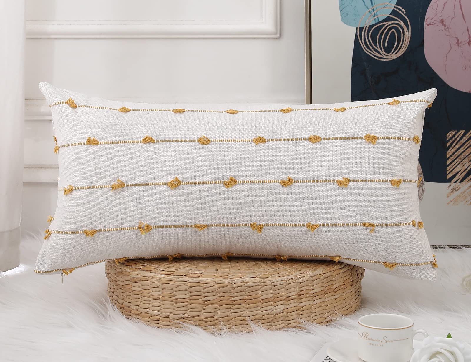 Nuyecy Boho Long Lumbar Pillow Covers 14 X 24 Yellow,Classic Stripe Pattern Cotton Decorative Long Lumbar Pillow Case Cushion Co