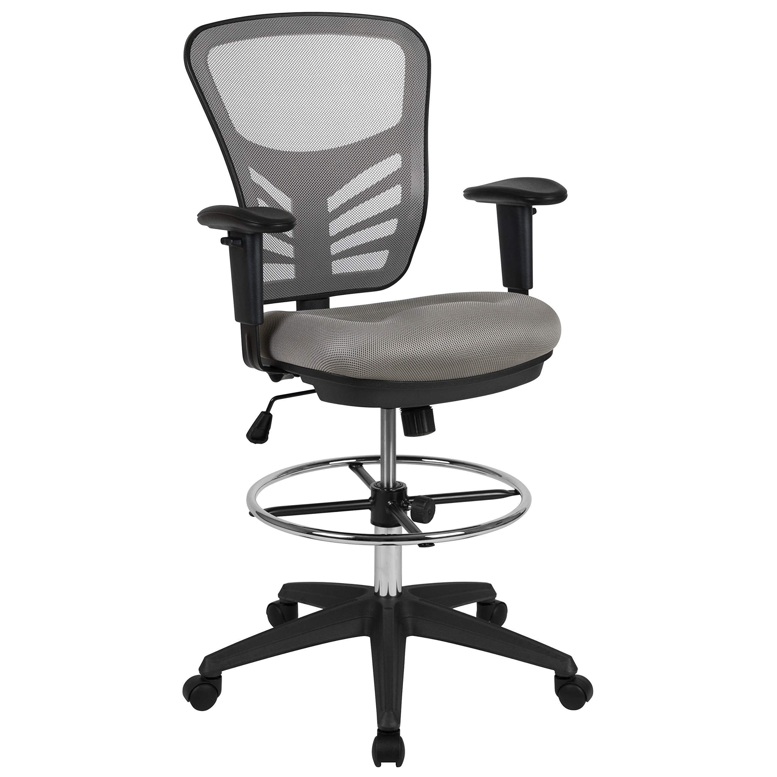 Flash Furniture Tyler Mid-Back Light Gray Mesh Ergonomic Drafting Chair With Adjustable Chrome Foot Ring, Adjustable Arms And Black Frame