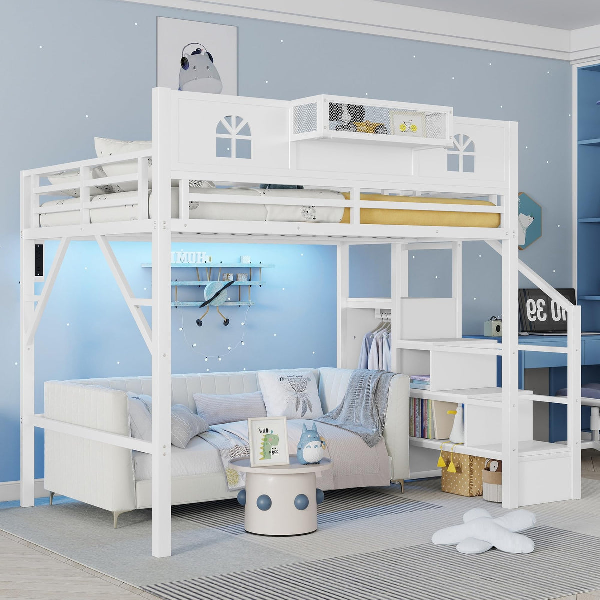 DNYN Metal Loft Bed with High House Guardrail and Storage Staircase for Teens Bedroom/Dorm, Full Size HeavyDuty Metal Bed Frame