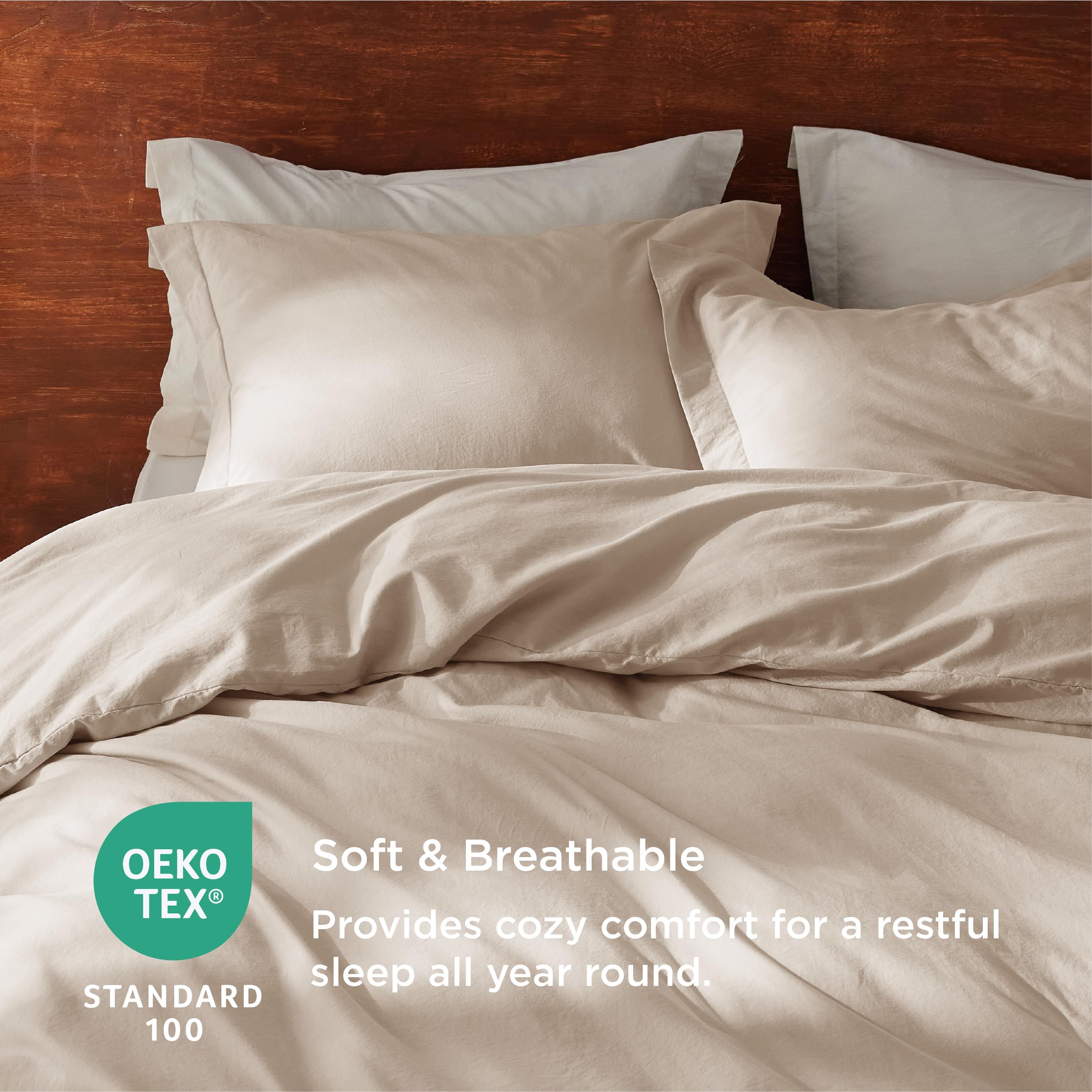 Bedsure 100% Washed Cotton Duvet Cover Queen - Beige Minimalist Cotton Duvet Cover Set Linen Like - 3 Pieces Gentlesoft™ Plain Simple Bedding Set With 2 Pillow Shams (Beige, Queen, 90'X90')