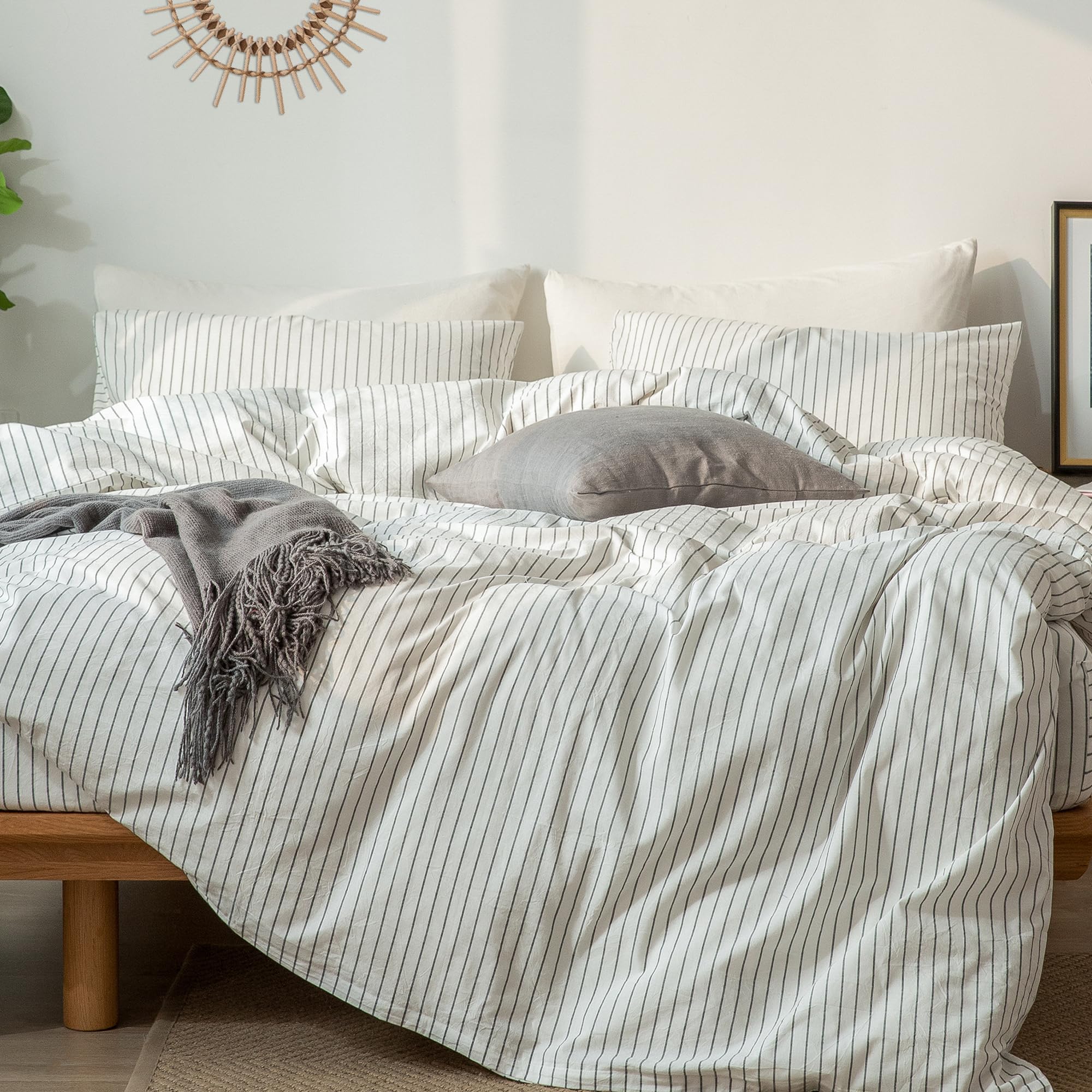 Moomee Bedding Duvet Cover Set 100% Washed Cotton Linen Like Textured Breathable Durable Soft Comfy (White Stripe, Queen)