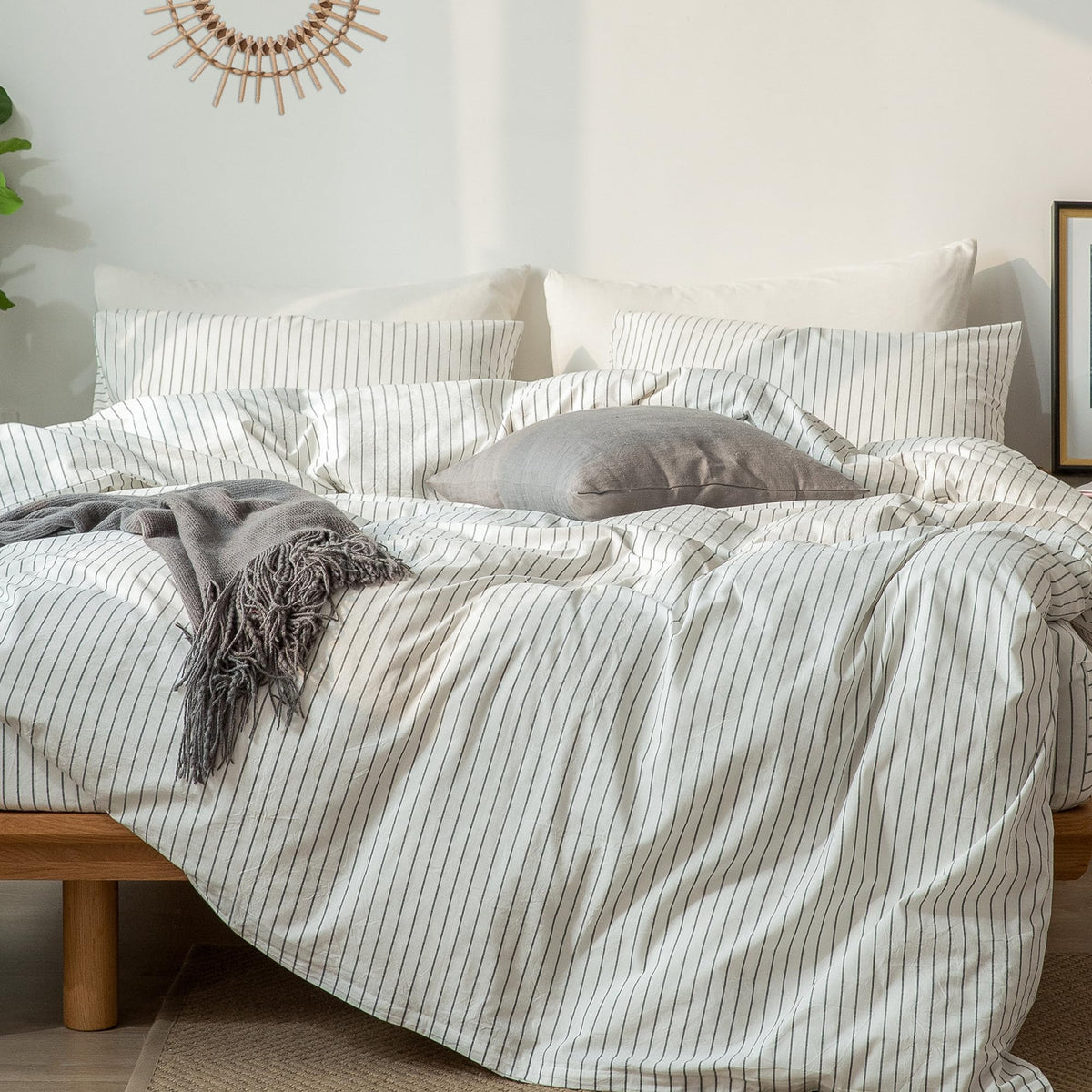Moomee Striped Duvet Cover Set 100% Washed Cotton Linen Like Textured Breathable Durable Soft Comfy (White Dark Grey Wide Stripe
