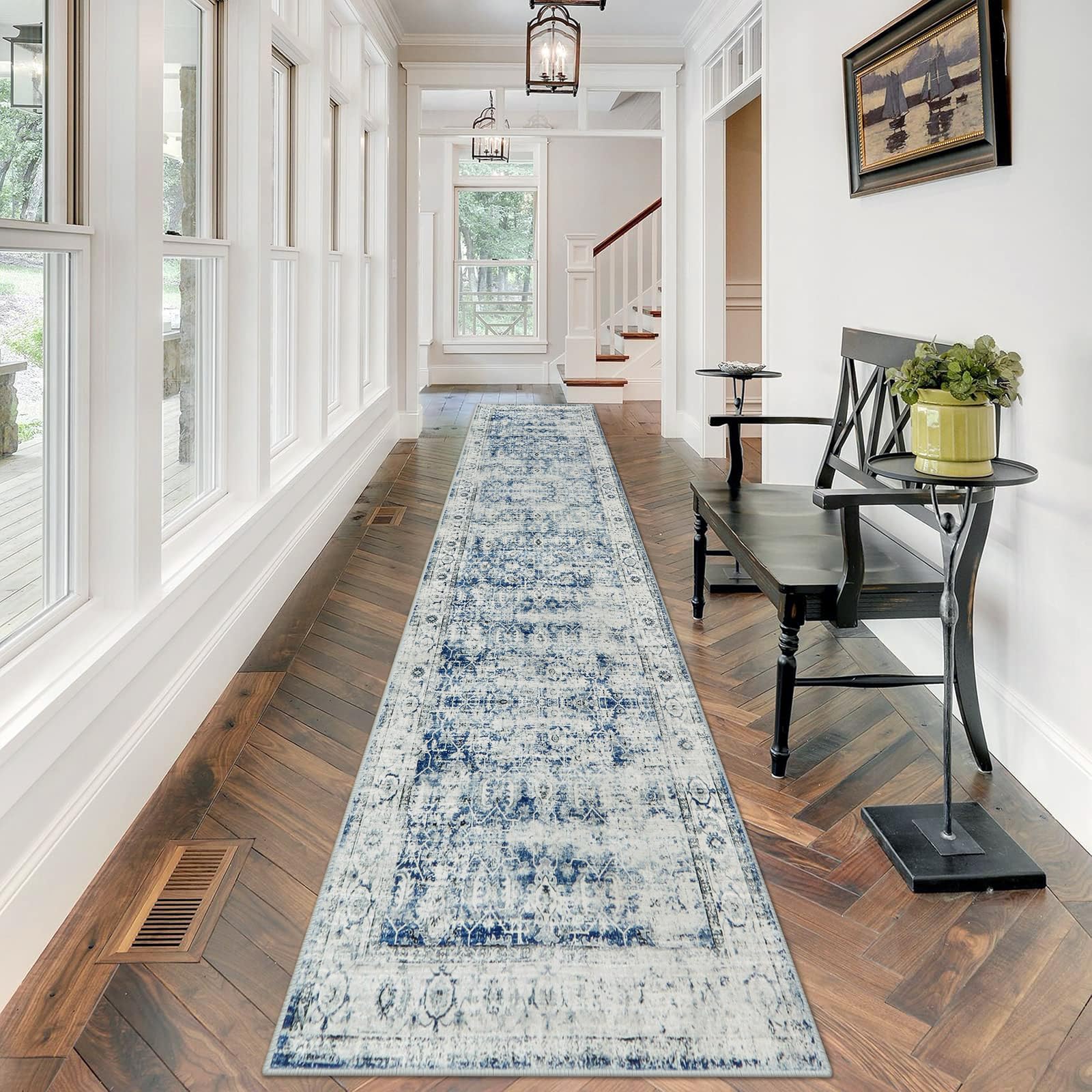 Morebes Vintage Hall Runners 12 Feet Long Non Slip, Washable Hallway Runner, Super Soft Distressed Retro Extra Long Runner Rugs 