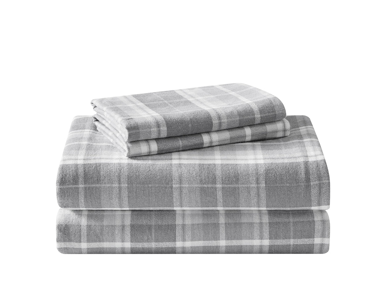 Laura Ashley Home - King Sheets, Cotton Flannel Bedding Set, Brushed For Extra Softness  Comfort (Mulholland Plaid Grey, King)