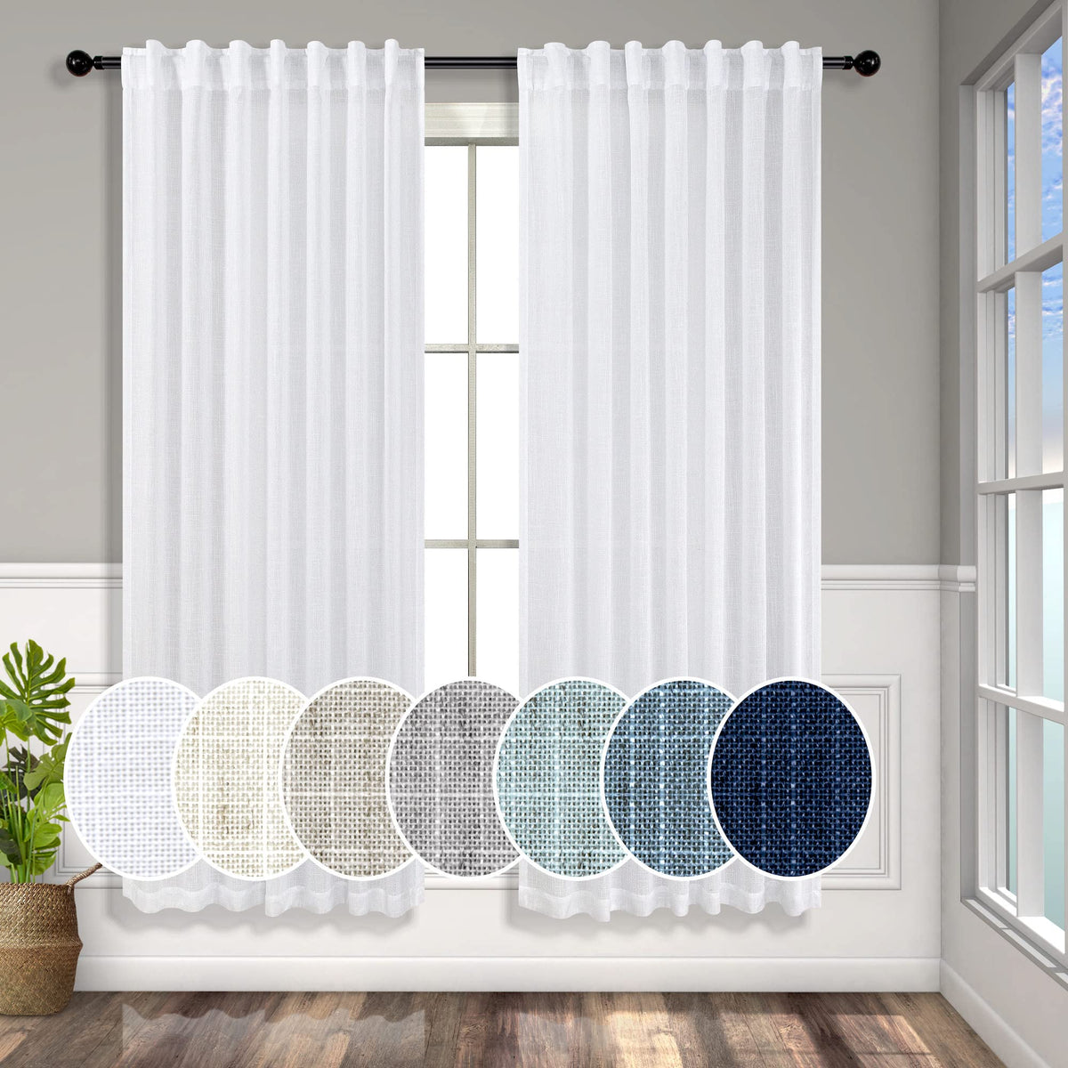 Pitalk White Linen Sheer Curtains 68 Inch Length 2 Panels For Living Room Rod Pocket Pleated Farmhouse Coastal Decor Cotton Text