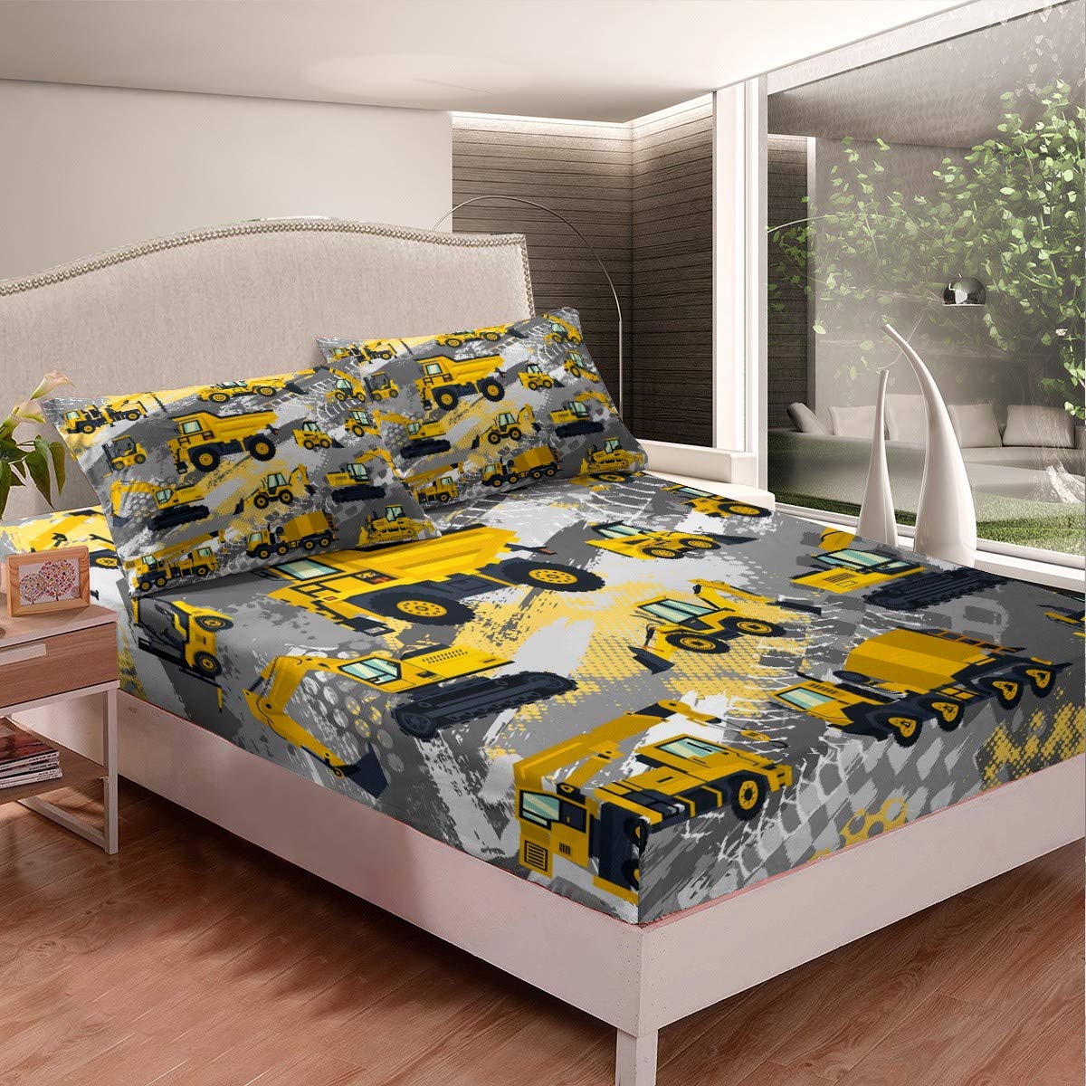 Kids Cartoon Car Bed Sheet Set Twin Size Boys Construction Vehicles Bedding Set For Teens Children Cartoon Machinery Truck Bed Sheets Set Construction Site Cars Bed Cover 3Pcs, Super Soft,Breathable