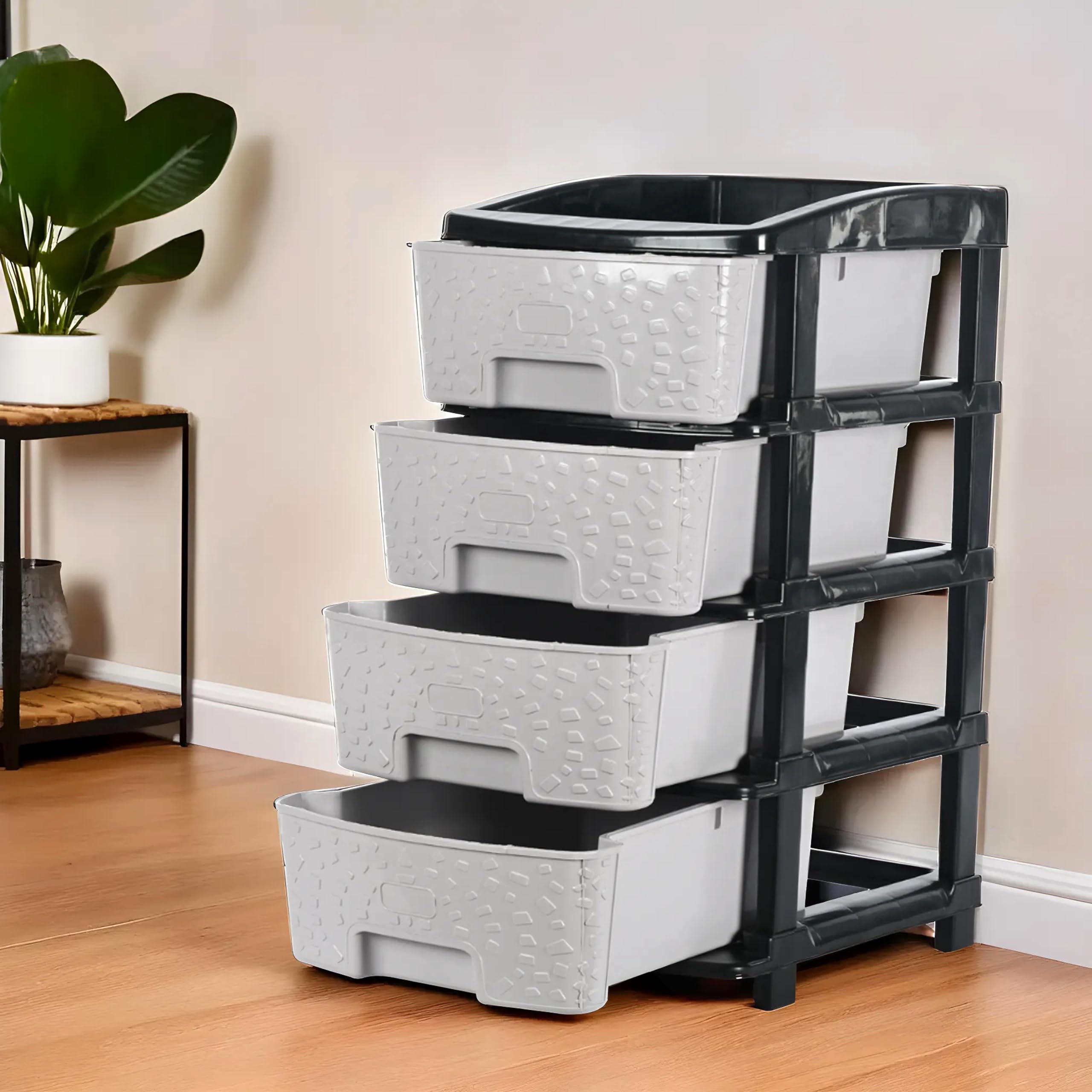 Kuber Industries 3Layer & 53 Ltr Plastic Drawer Storage Organiser | Modular Kitchen & Toy Organizer For Kids Room | Black & Gre