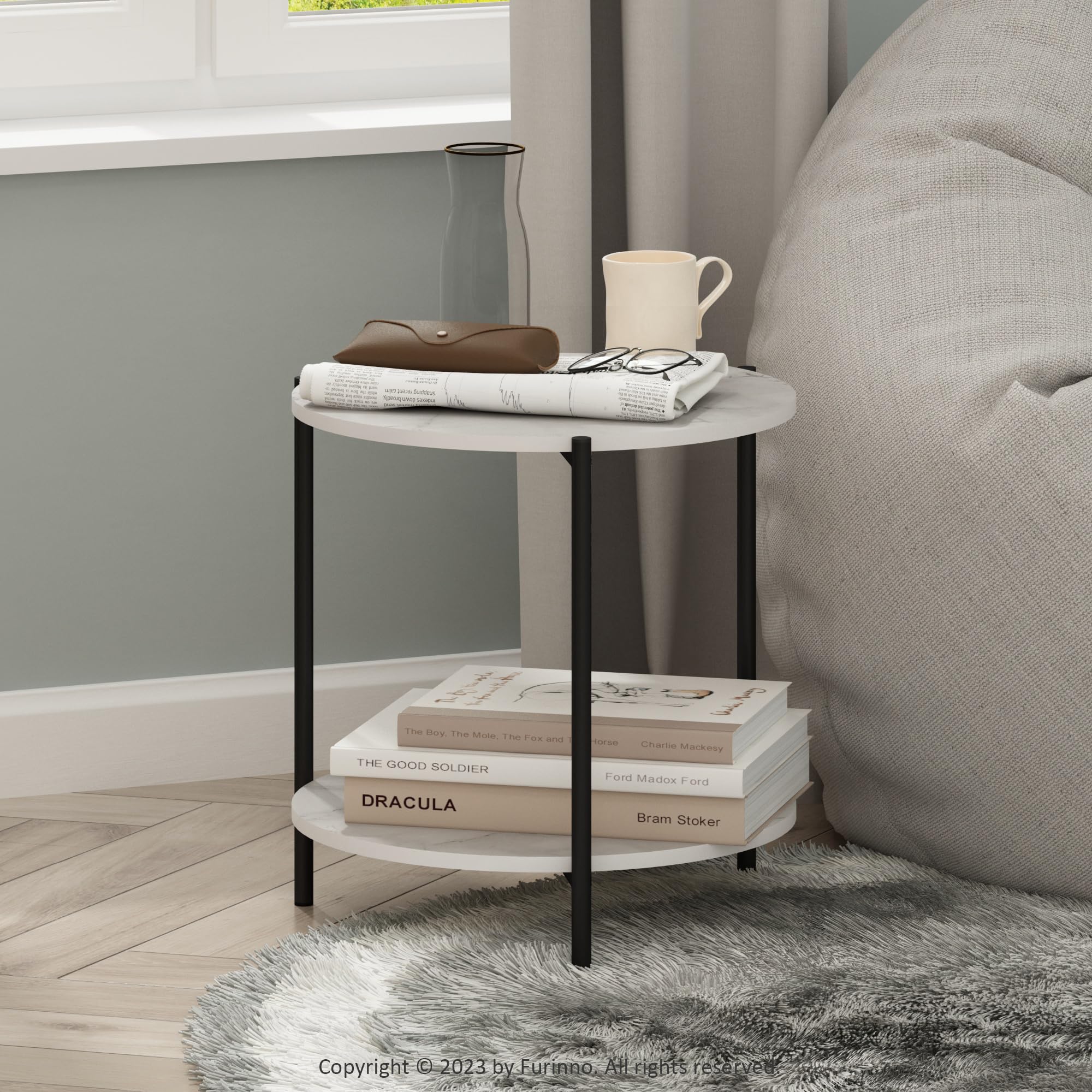 Furinno Besi 2-Tier Modern Round Side End Table With Sturdy Metal Legs, 15.55 (W) X 10.58 (H) X 5.46 (D) Inches, Marble White
