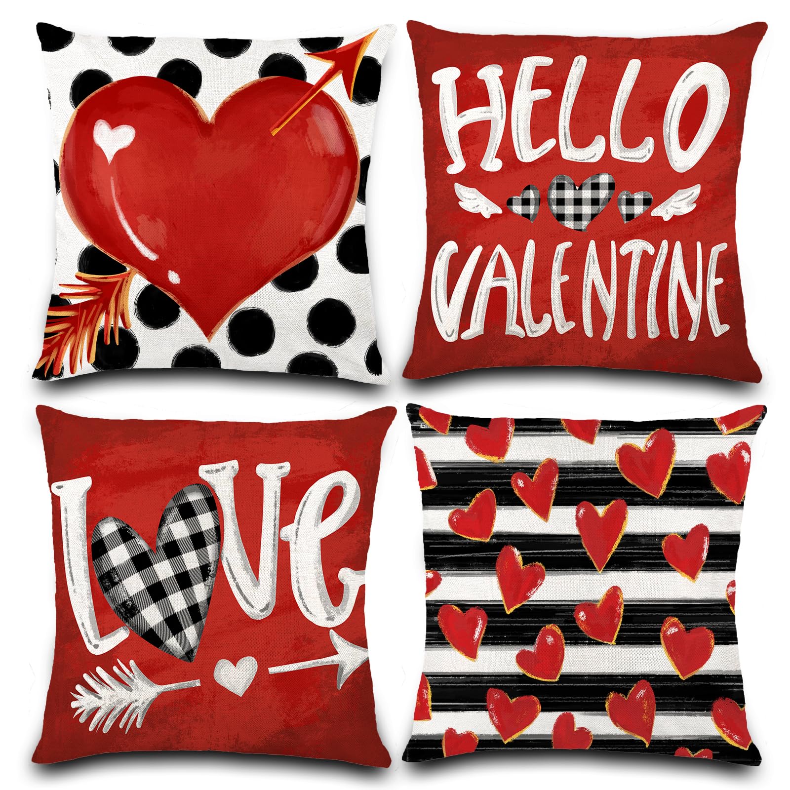Vellibring Valentines Day Pillow Covers 18X18 Polka Dot Stripes Love Heart Buffalo Plaid Valentine Pillows Decorative Throw Pill