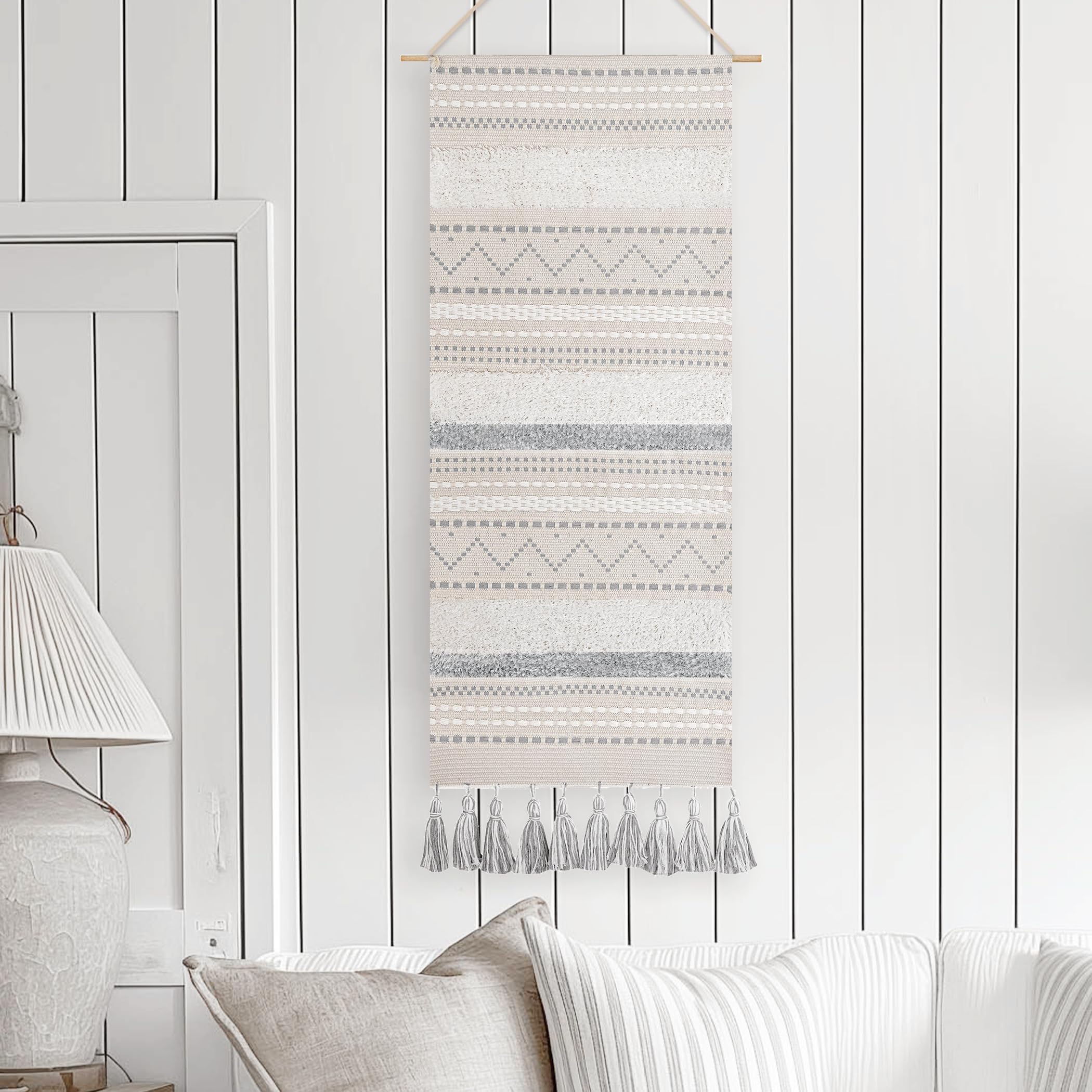 BlissBlush Long Vertical Wall Hanging Tapestry Woven Boho Farmhouse Decor Gray Cream Tassel Handmade Wall Art Decoration for Bed
