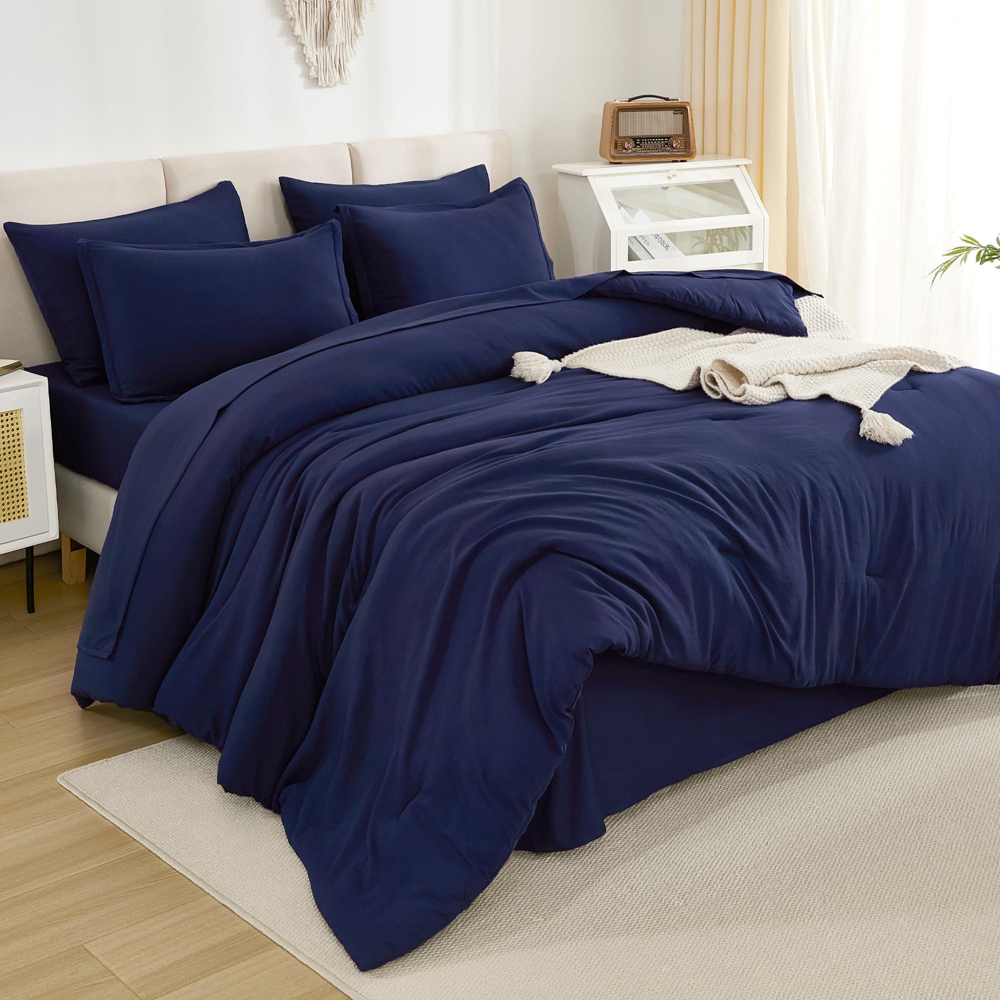 Litanika Queen Comforter Set Navy Blue - 7 Pieces Bed In A Bag Queen Beddding Comforter Sets, Solid Lightweight Bed Set With Com