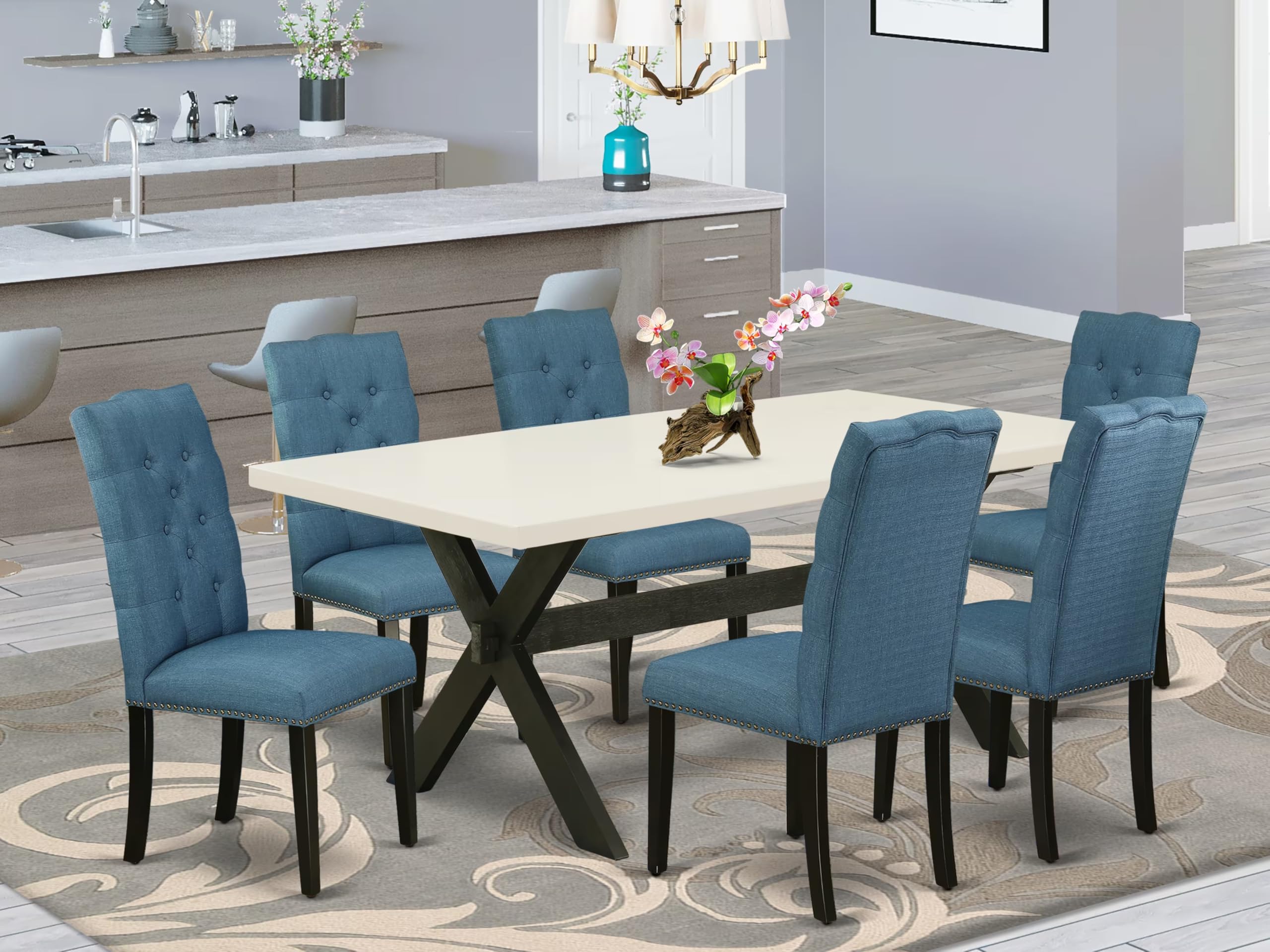 East West Furniture X627El121-7 7 Piece Dining Room Table Set Consist Of A Rectangle Kitchen Table With X-Legs And 6 Blue Linen Fabric Parson Dining Chairs, 40X72 Inch, Multi-Color