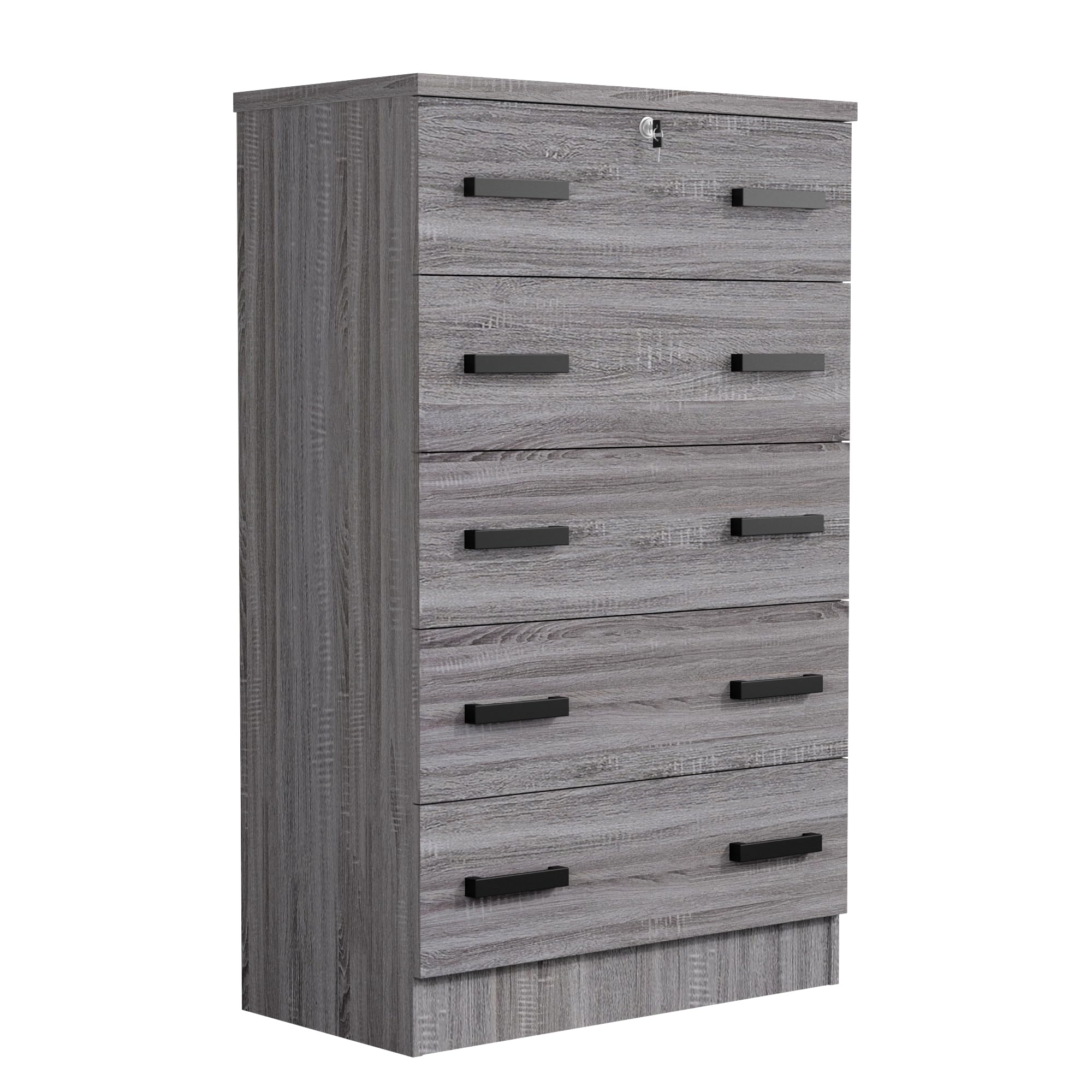 Cindy 5 Drawer Chest Wooden Dresser with Lock (Grey)