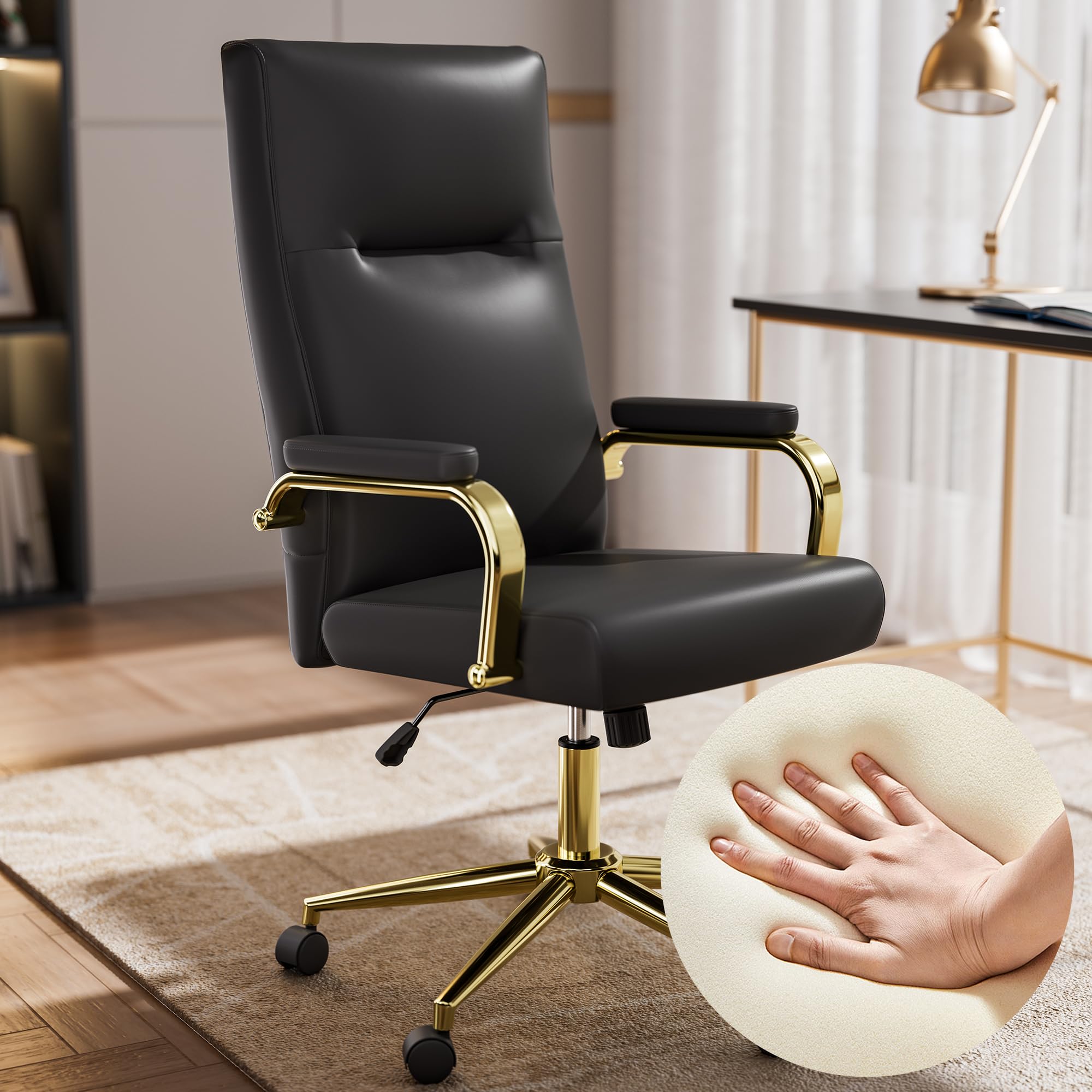 Gxj Black And Gold Office Chair Memory Foam, High Back Office Chair With Arms And Wheels, Leather Executive Computer Desk Chair