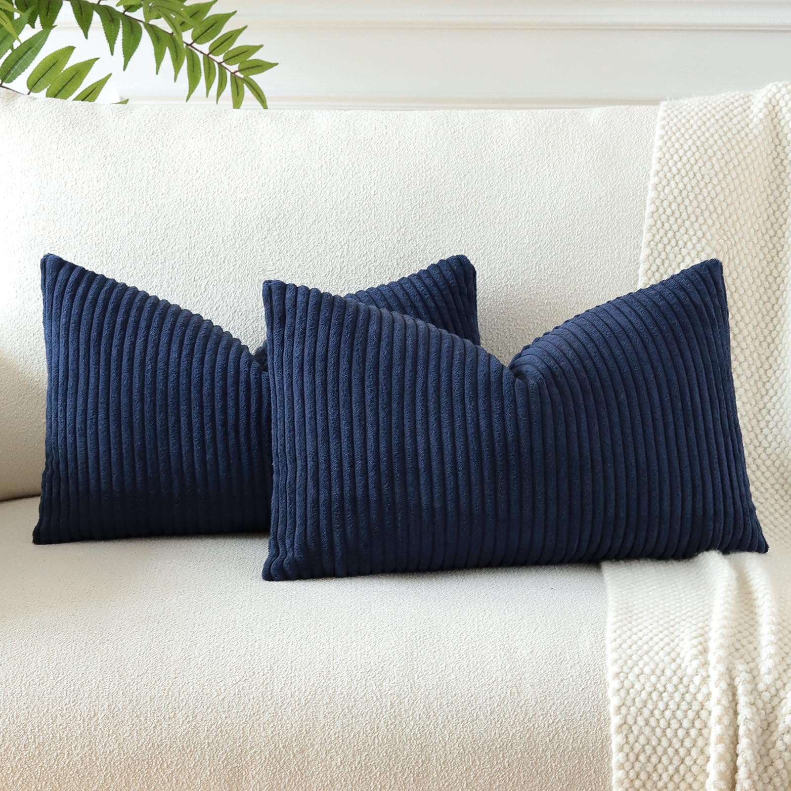 Otostar Corduroy Decorative Throw Pillow Covers 12 X 20 Inch Soft Striped Solid Pillow Covers Lumbar Cushion Case Couch Pillowcases For Sofa Bed Home Decor Pack Of 2 (Navy Blue)