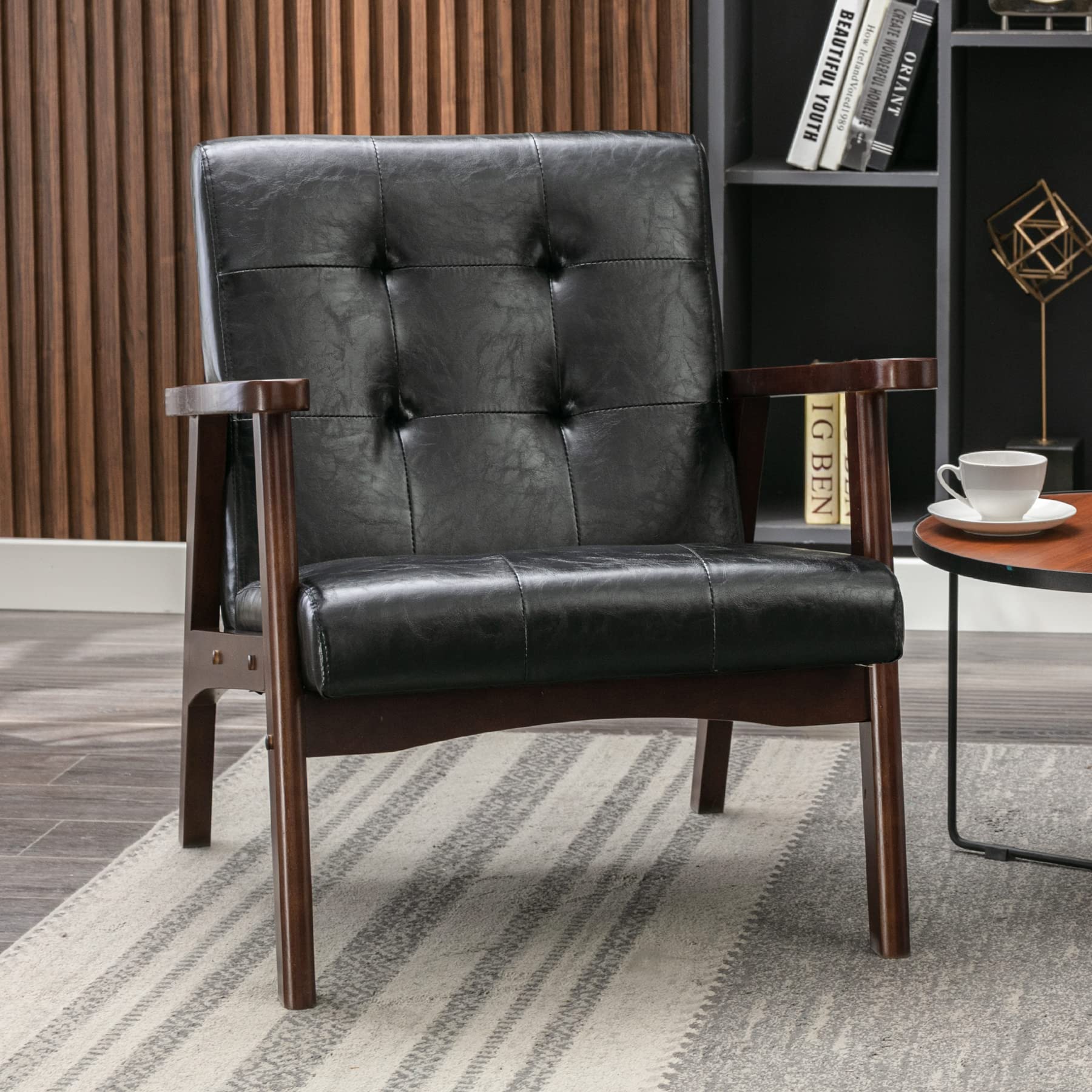 Bonzy Home Accent Chair - Faux Leather Mid Century Modern Chair for Living Room | Sturdy Solid Wood Frame Armchair, Comfy Retro 