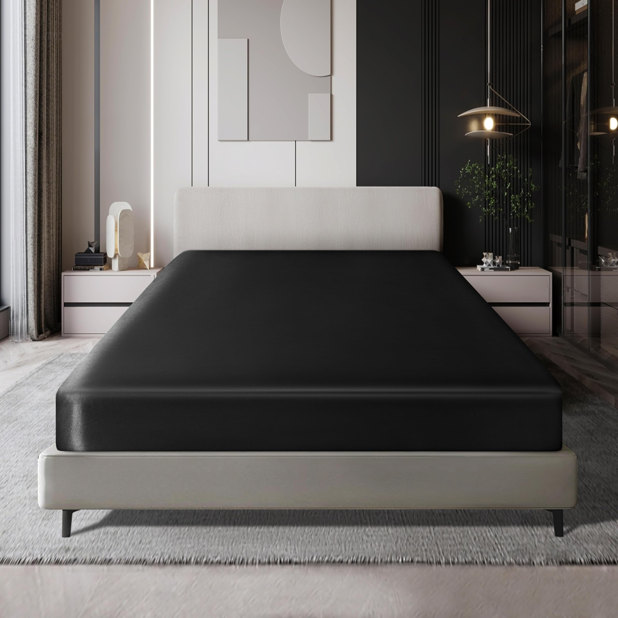 Milvowoc Queen Satin Bottom Fitted Sheet - Black, Soft, 1 Piece