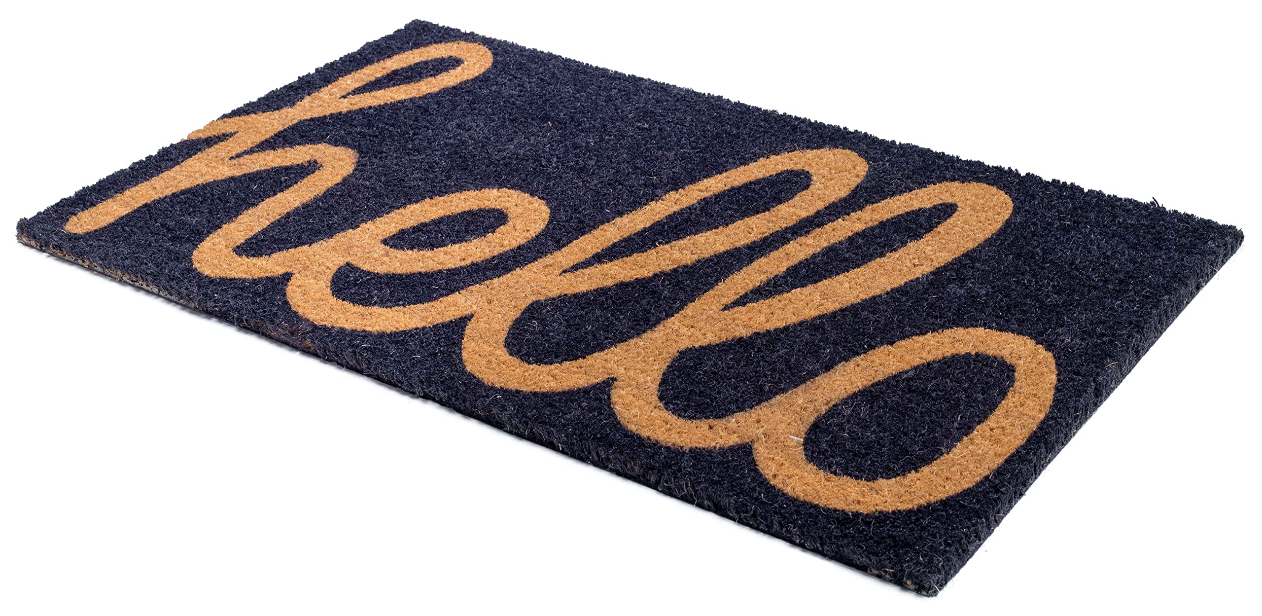 Fab Habitat Non Slip Doormat - Durable, Thin - Natural Coir & Rubber - Entryway, Front Door, Porch, Patio - Cursive Hello Blue (
