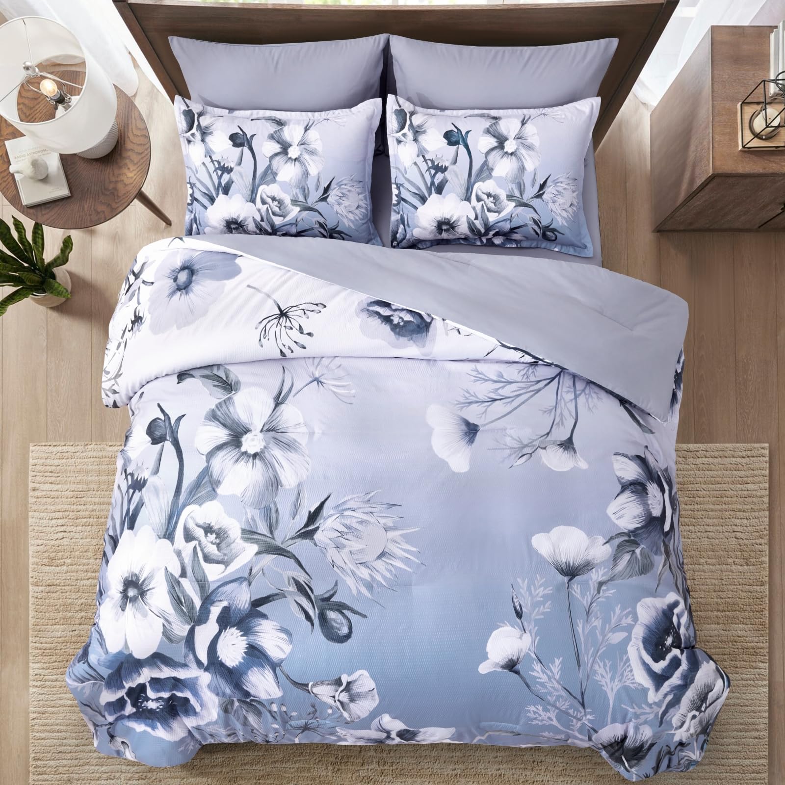 Luxudecor Floral Comforter Set King Size 7 Piece, Blue Flower Bed In A Bag, Elegant Gradient Floral Comforter With Sheet Set, So