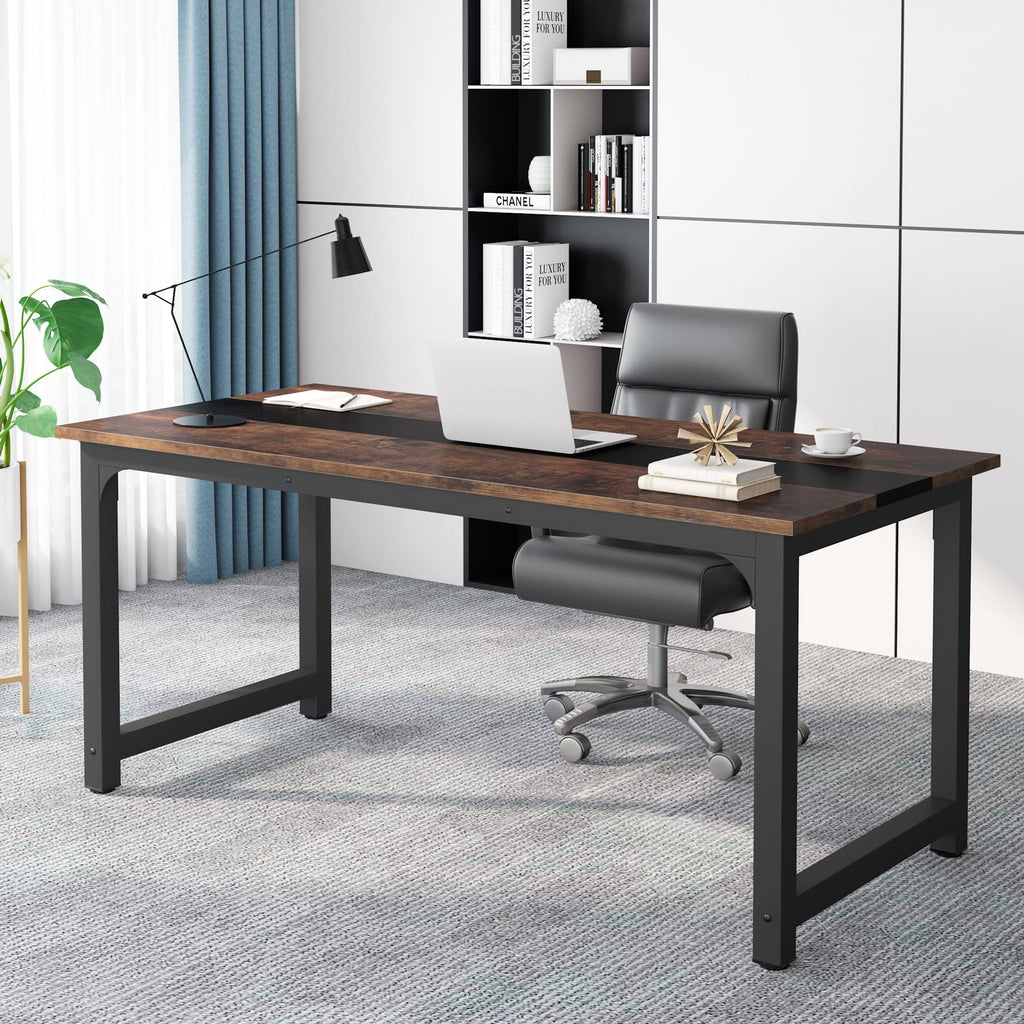 Tribesigns 70.8”Executive Desk, Large Office Computer Desk With Thicken Frame, Modern Simple Workstation Business Furniture For Home Office, Vintage Brown/Black