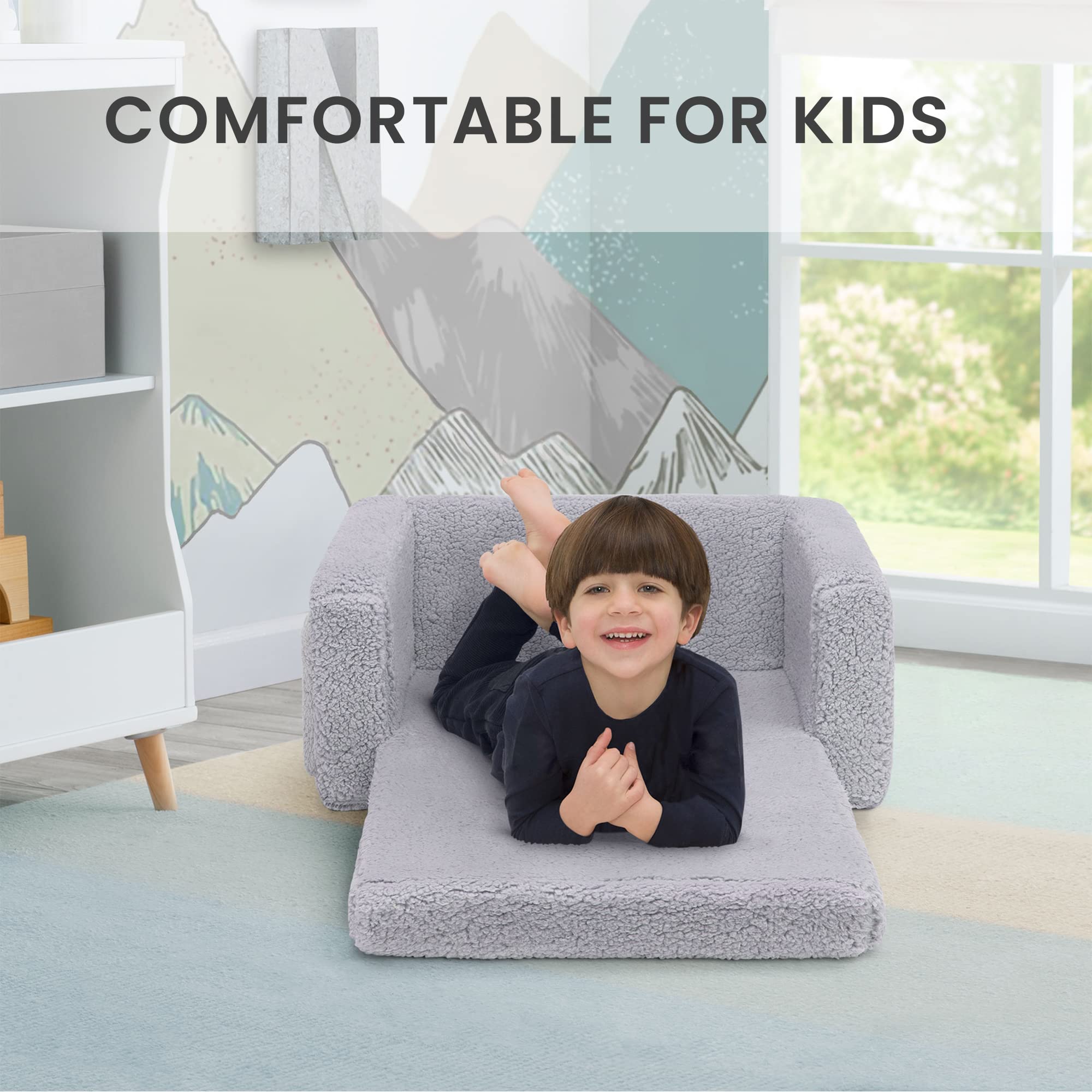 Delta Children Cozee Flip-Out Sherpa 2-In-1 Convertible Chair To Lounger For Kids, Grey