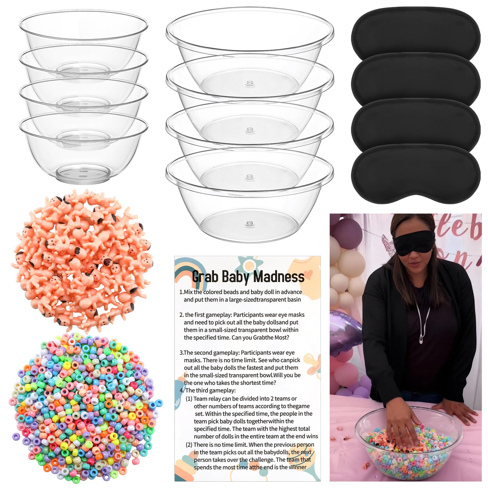 Teyva Daily 4 Sets 75 Pcs Baby Shower Games Funny Activities Include 8 Clear Basins Bowls 4 Blindfolds 60 Mini Babies 2 Light Co