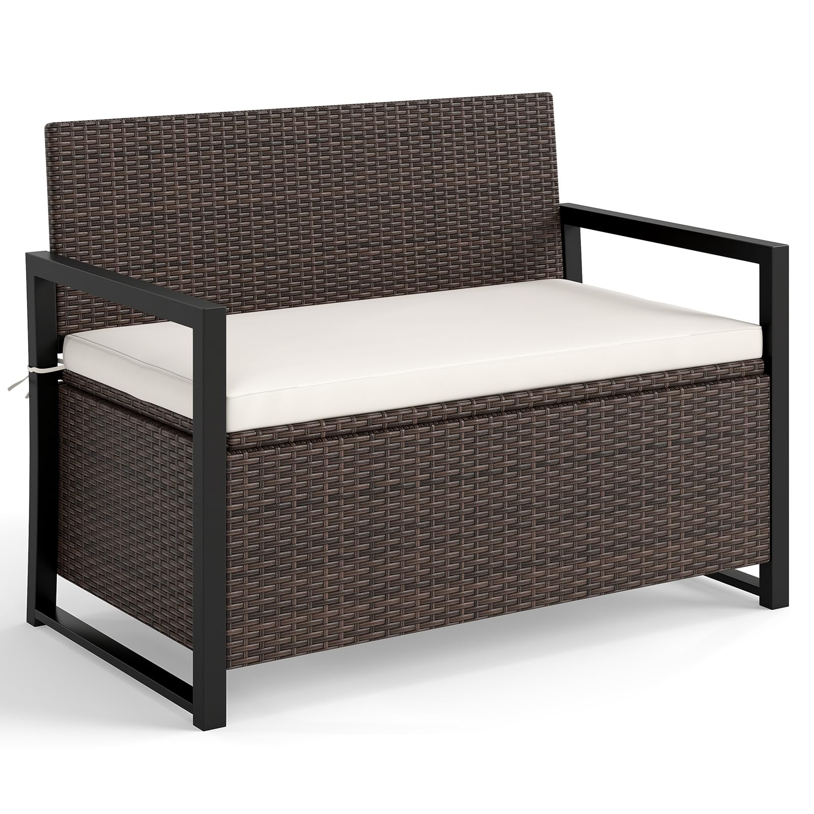 RELAX4LIFE Wicker Outdoor Bench with Storage - Rattan Deck Box w/Protective Liner for Pillows, Pool Supplies, Garden Tools, Pati