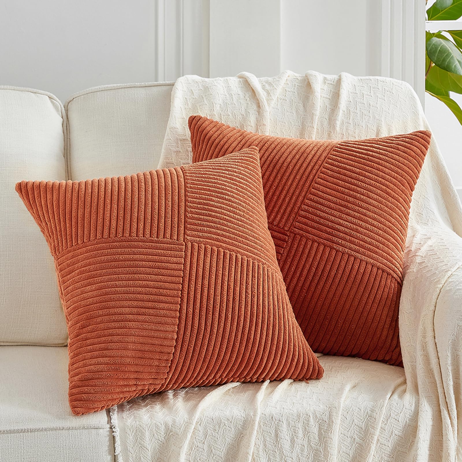 Fancy Homi Set of 2 Burnt Orange Boho Decorative Throw Pillow Covers 16x16 Inch with Diagonally Pattern for Living Room Couch Be