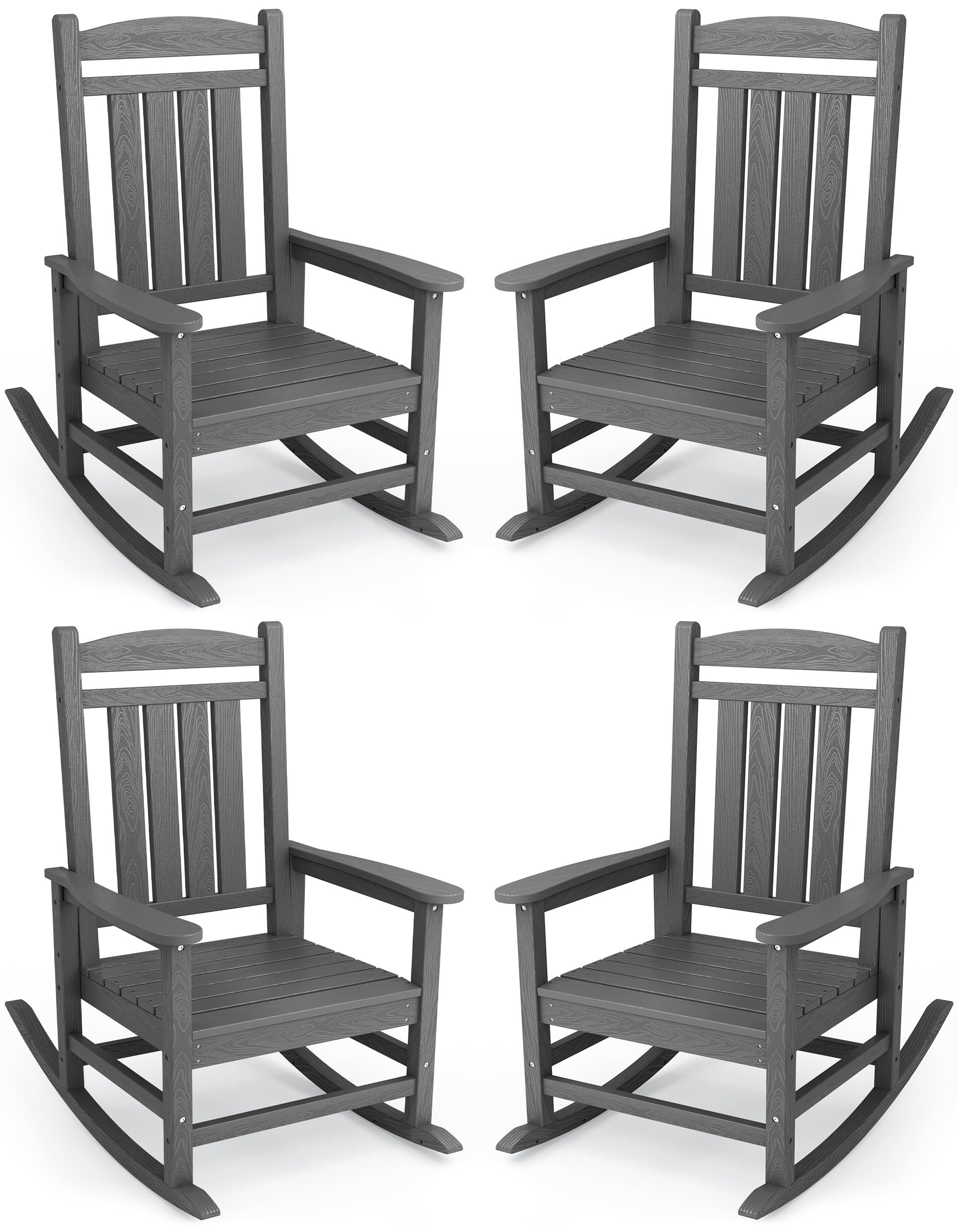 Kingyes Oversized Outdoor Rocking Chair Set Of 4, High Density Polyethylene Patio Rocking Chairs With 350Lbs Support For Adults, Light Gray