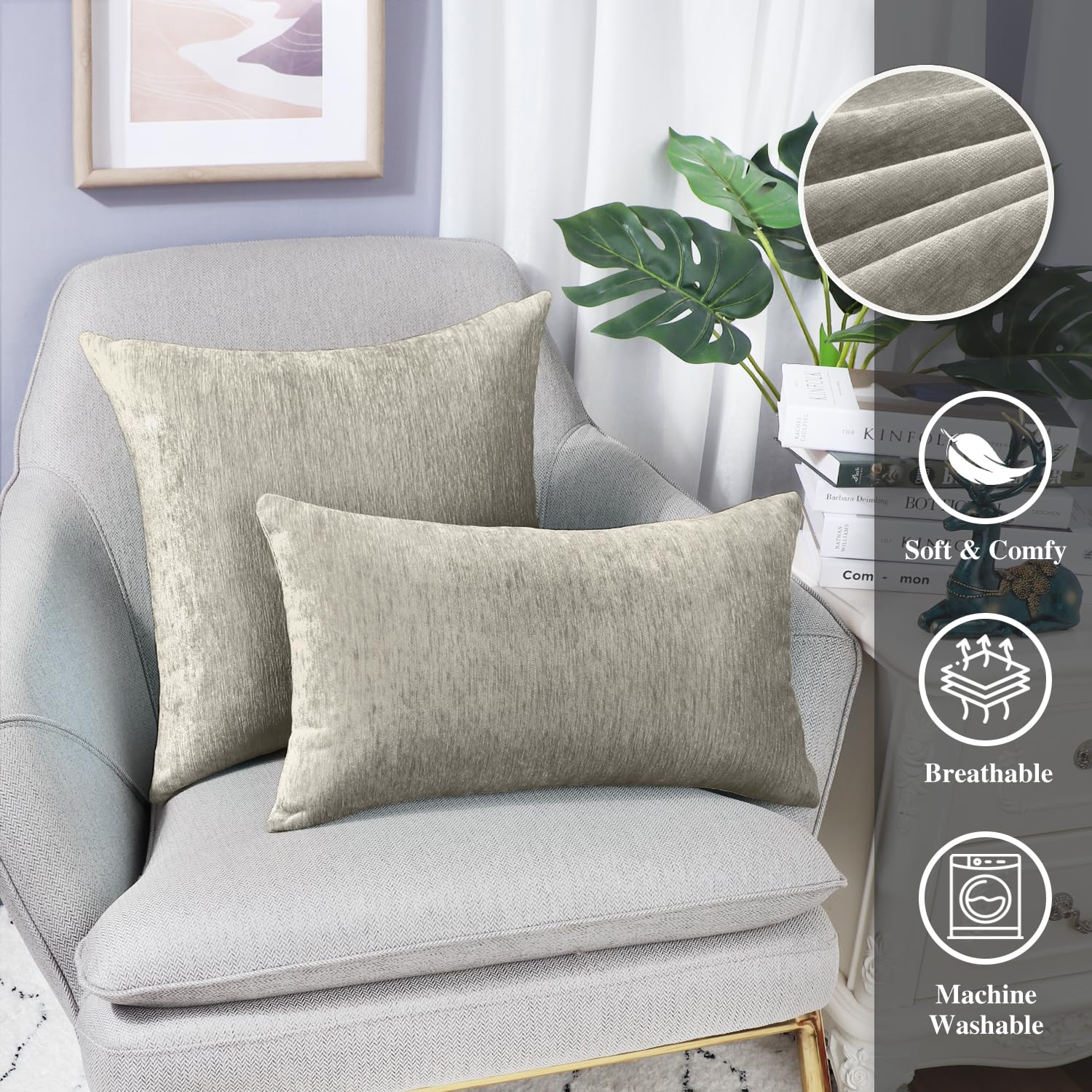 Brawarm Chenille Throw Pillow Covers 20X20 Inches - Taupe Chenille Pillow Covers Pack Of 2, Solid Dyed Soft Chenille Pillow Case