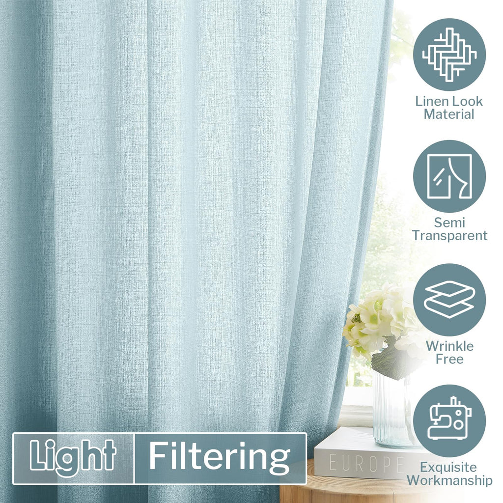 Melodieux Blue Semi Sheer Curtains 45 Inch Length For Bedroom Kitchen Small Windows, Linen Look Rod Pocket Privacy Sheer Drapes,