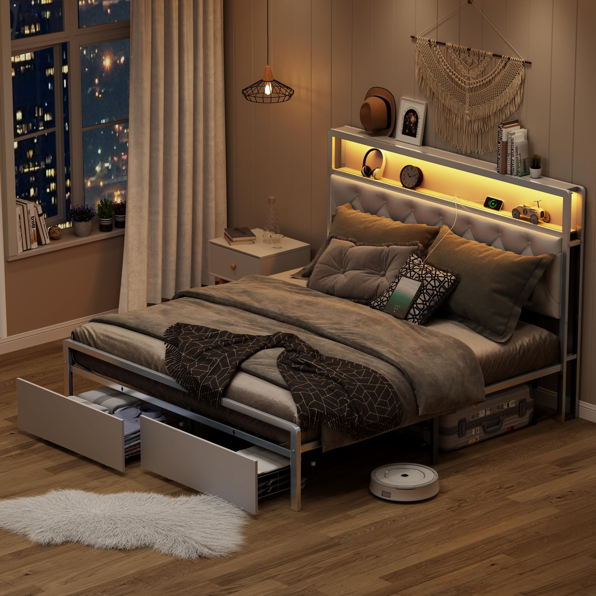 Queen Bed Frame,Bed Frame Queen Size with Headboard and Storage Shelves,Metal Platform Bed Frame with 2 Drawers & Charging Stati