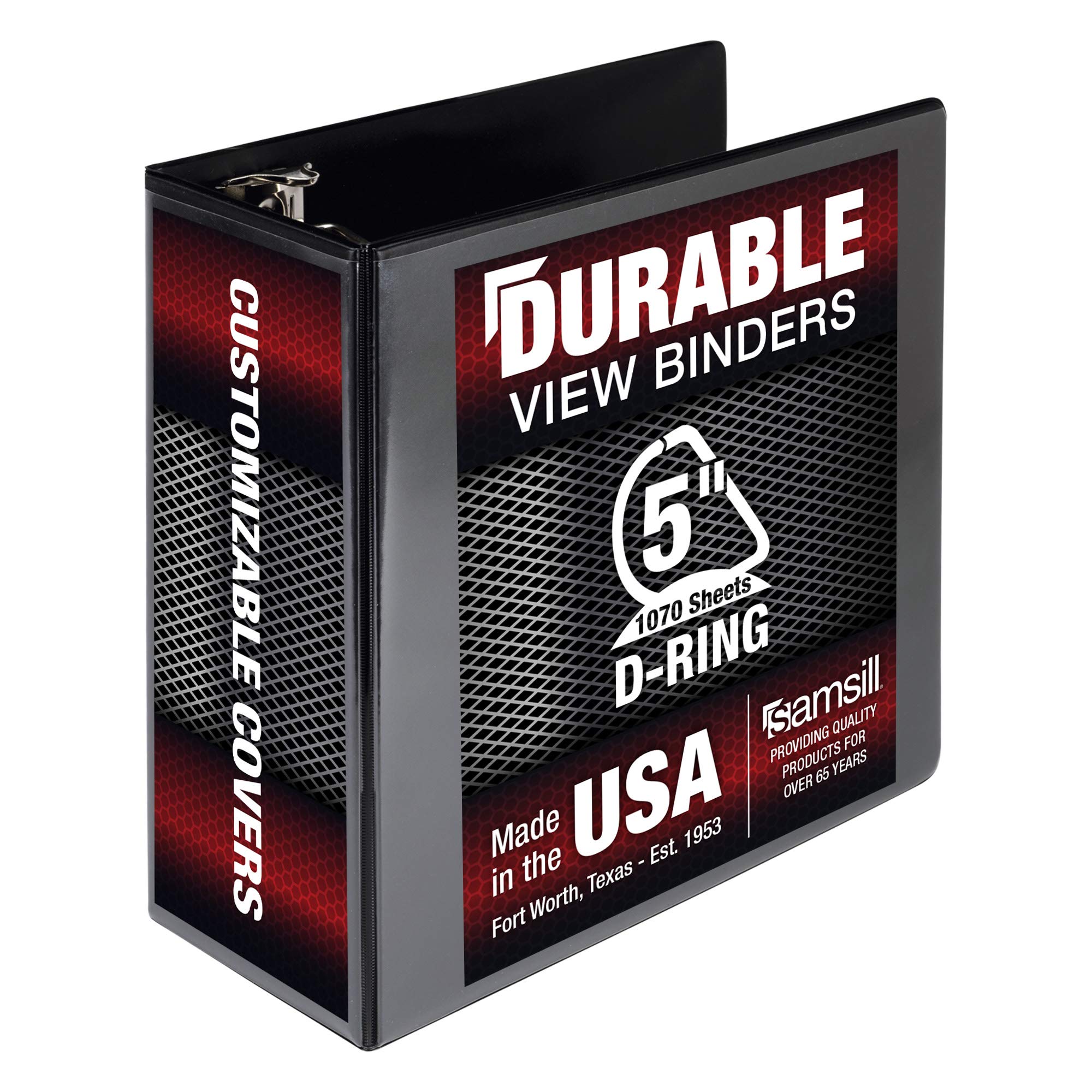 Samsill Durable 5 Inch Binder, Made In The Usa, D Ring Binder, Customizable Clear View Binder, Black, Holds 1050 Pages