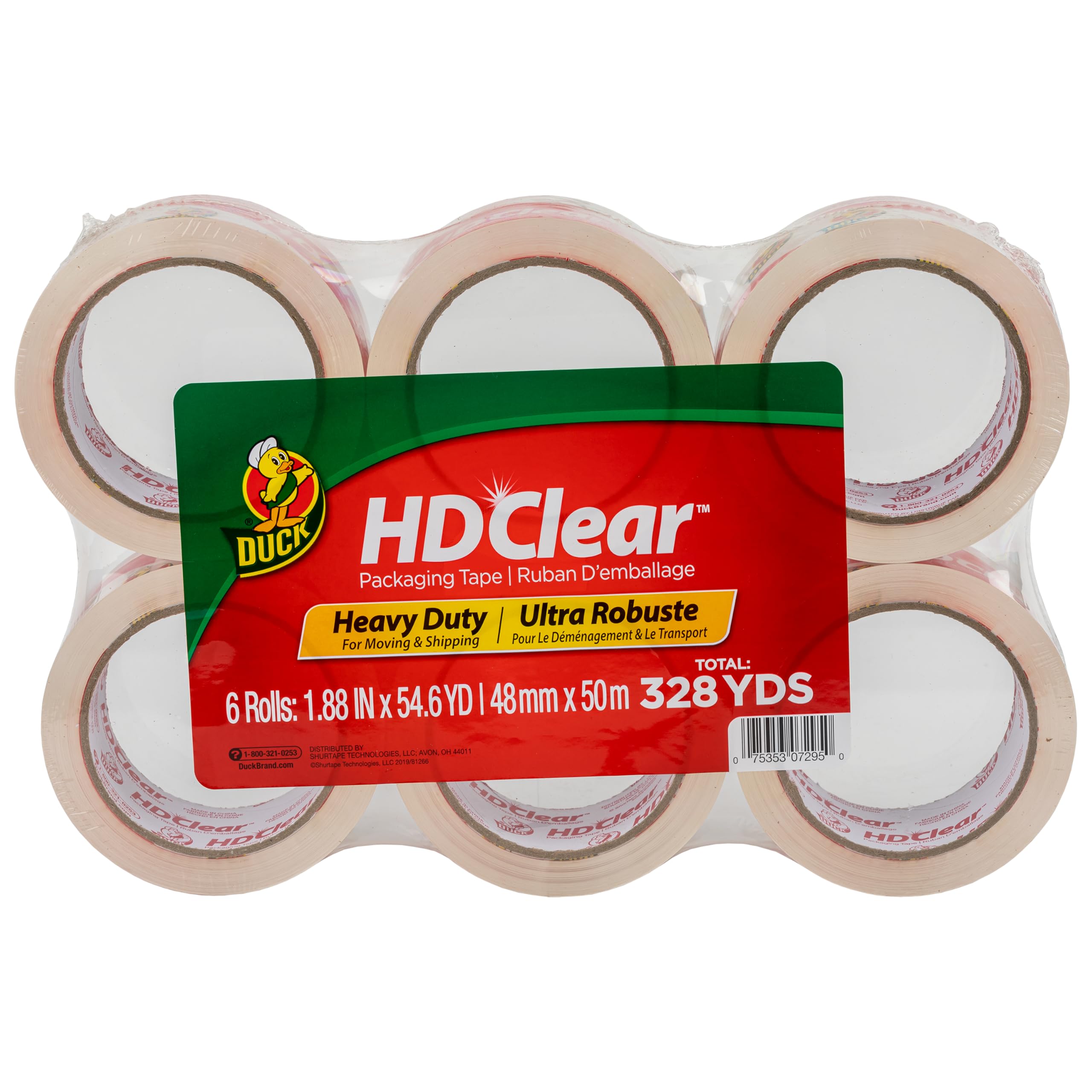 Duck Hd Clear Packing Tape - 6 Rolls, 328 Yards Heavy Duty Packaging For Shipping, Mailing, Moving & Storage Clear, Strong Refil