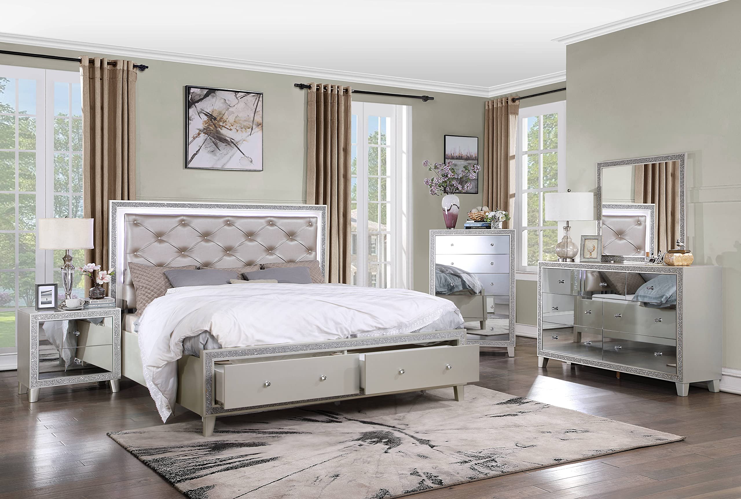 Acme Sliverfluff Faux Leather Tufted Queen Platform Bed in Champagne Gray