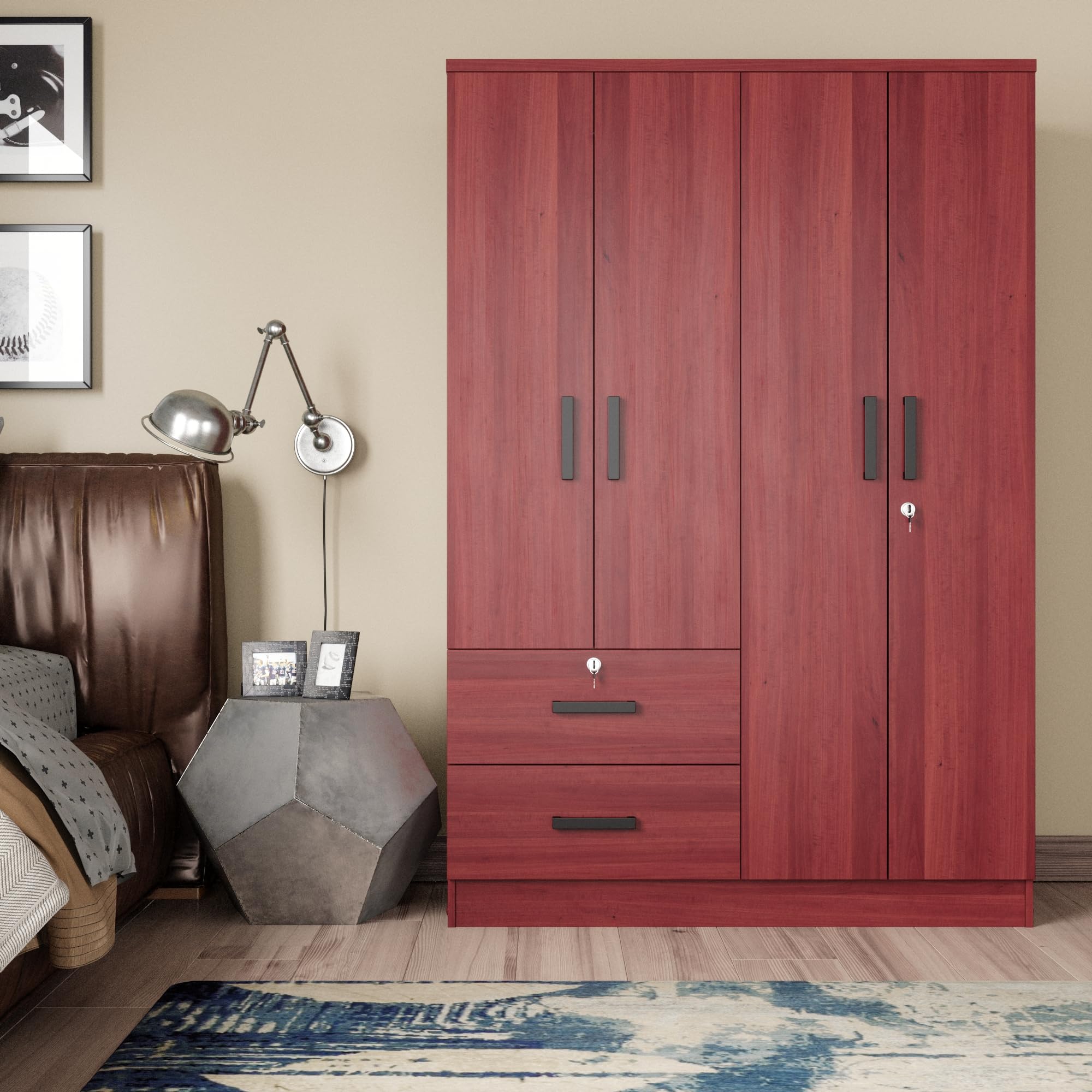 Woodpeckers Furniture And Mattress 4 Doors Wardrobe 2 Drawers with Shelves 48 inch Wide and 72 high (Mahogany), 448CLOSET