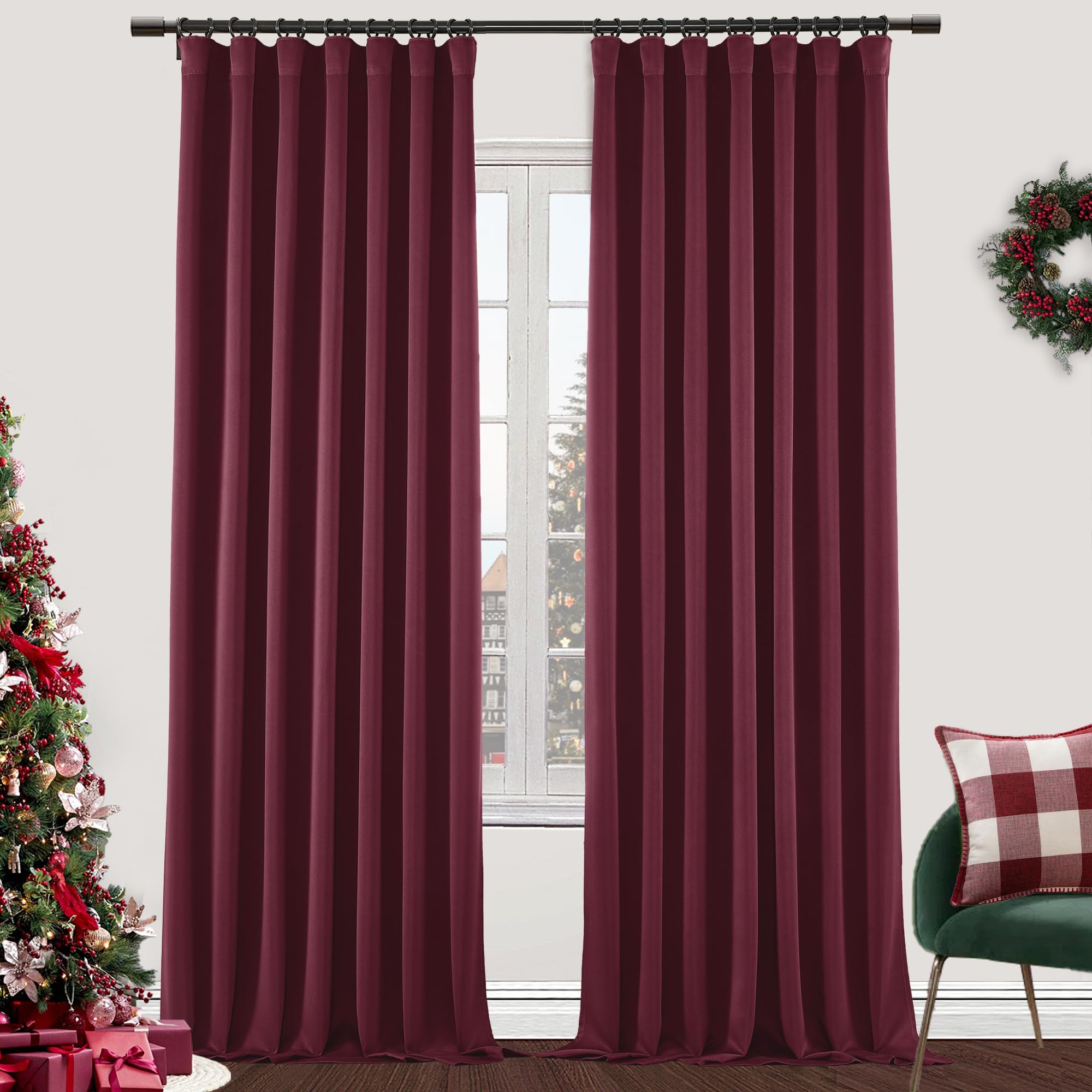 Shineland Burgundy Red Curtains 90 Inches Long For Living Room 2 Panels Set Formal Christmas Drapes For Dining Room Bedroom