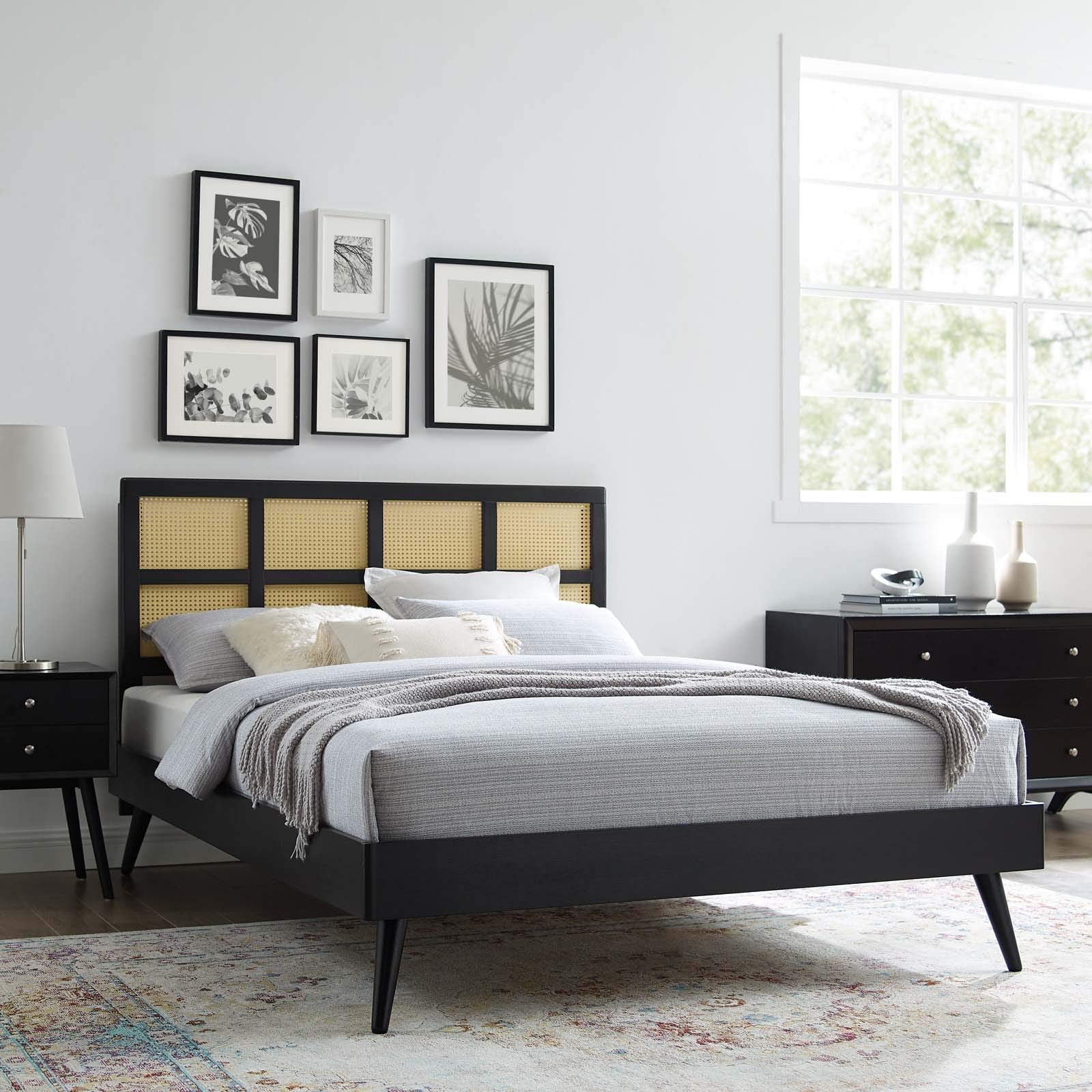 Modway Sidney Cane Rattan And Wood King Platform Bed In Black With Splayed Legs