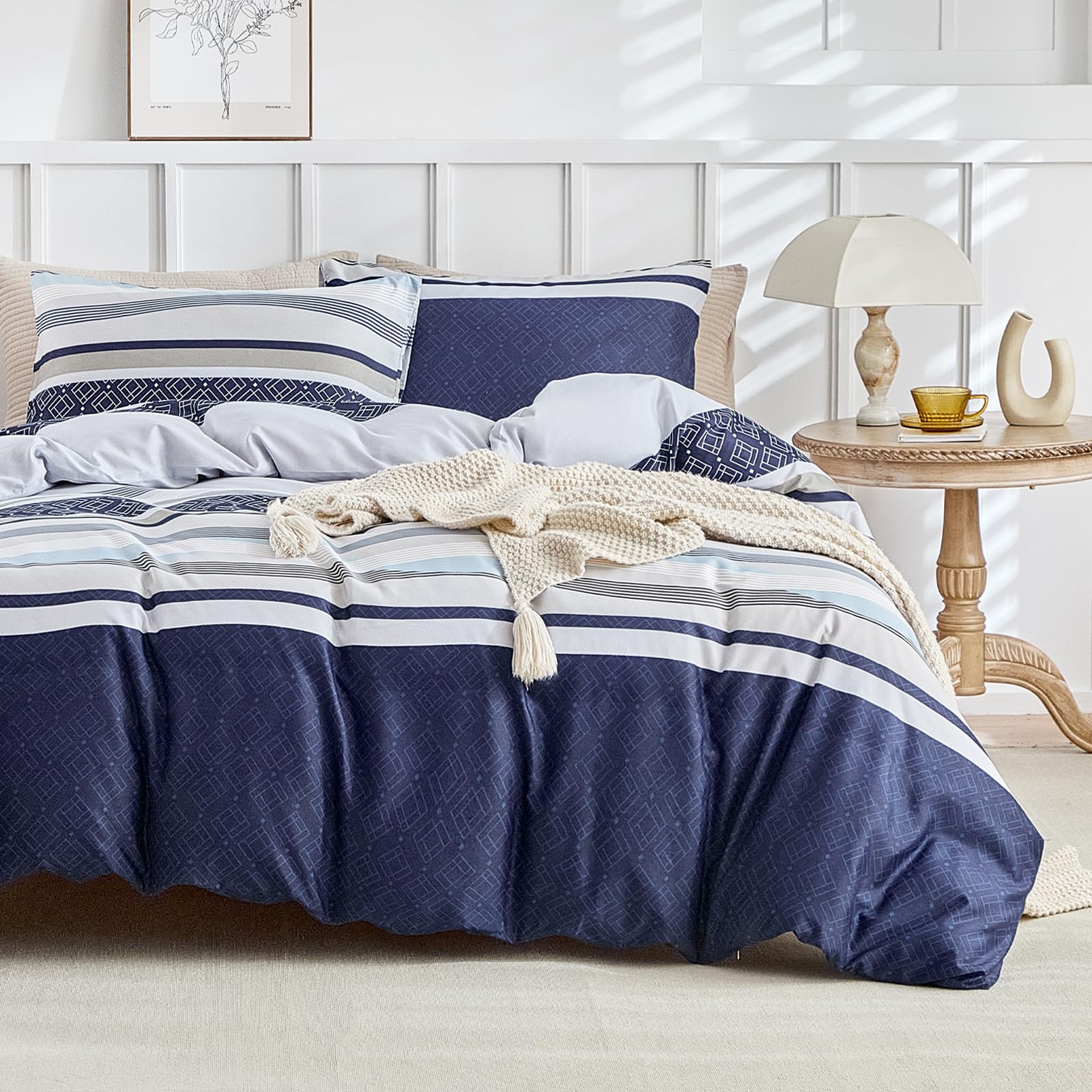 Lekesky Boho Duvet Cover Queen, 3 Pieces Blue Striped Duvet Cover Set Soft Bohemian Bedding Aztec Comforter Cover Set Queen Size