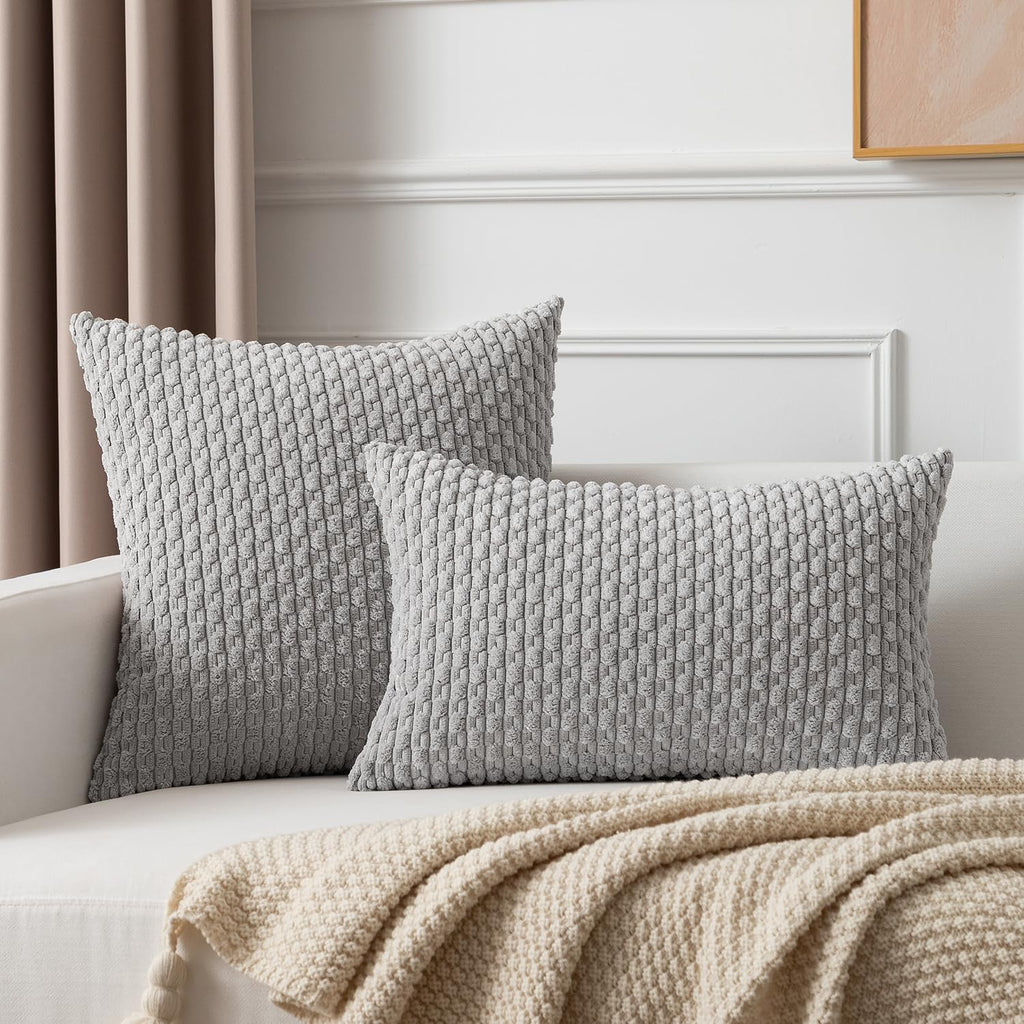 Kevin Textile 2 Packs Light Grey Decorative Throw Pillow Covers 26X26 Inch For Living Room Couch Bed Sofa Rustic Farmhouse Boho Home Decor Soft Striped Corduroy Square Cushion Case 66X66 Cm