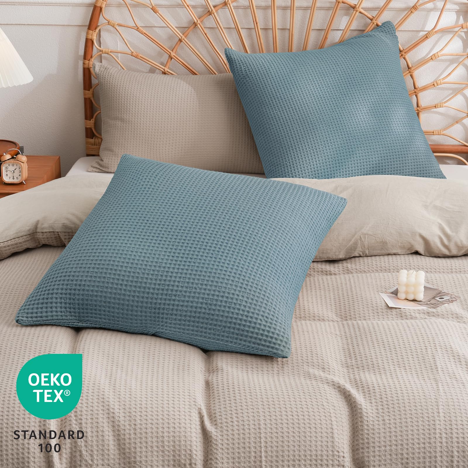 Phf 100% Cotton Waffle Weave Throw Pillow Cover, 24' X 24', No Filling, 2 Pack Elegant Home Decorative Square Throw Pillow Covers For Bed Couch Sofa, Ocean