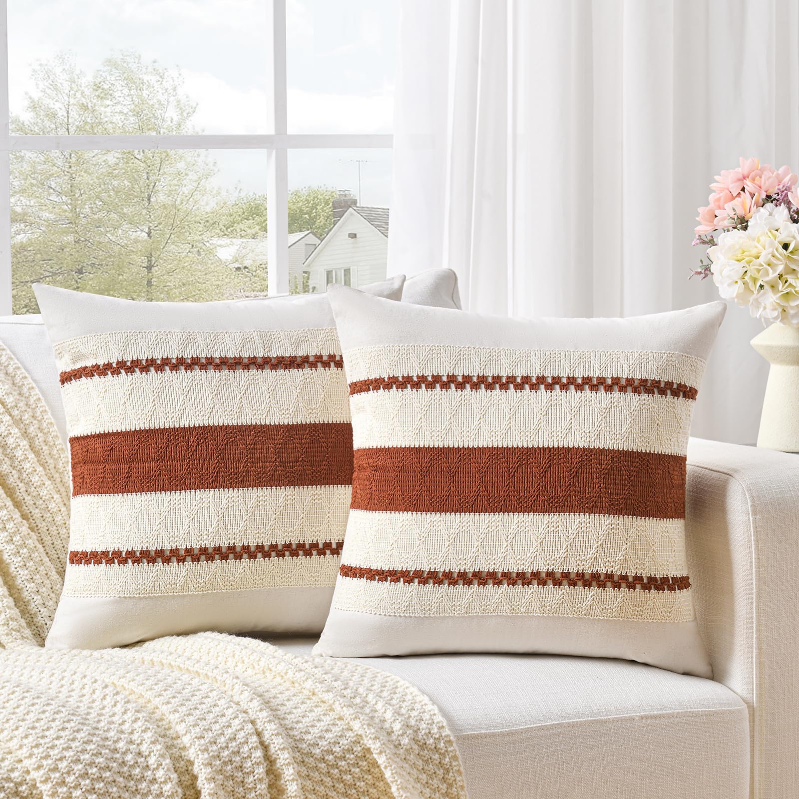 Fancy Homi Set Of 2 Rust Boho Decorative Throw Pillow Covers 20X20 Inch For Couch Bed Sofa, Aesthetic Modern Organic Fall Room D