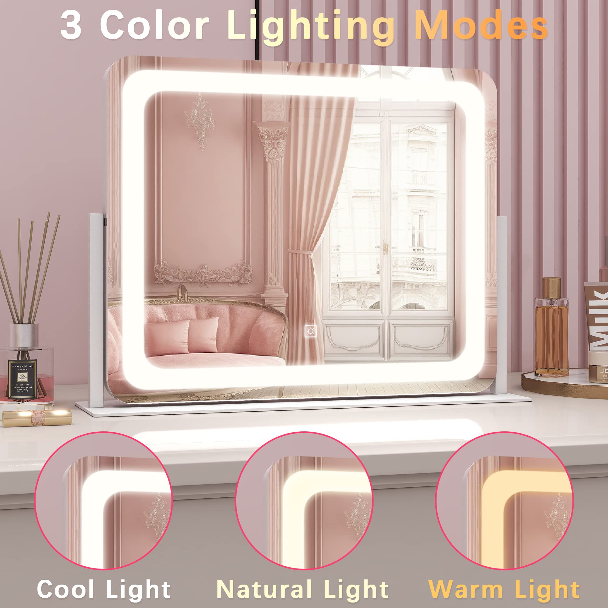 Rolove Vanity Mirror Makeup Mirror With Lights, Large Lighted Vanity Mirror, Light Up Mirror With Smart Touch 3 Colors Dimmable,