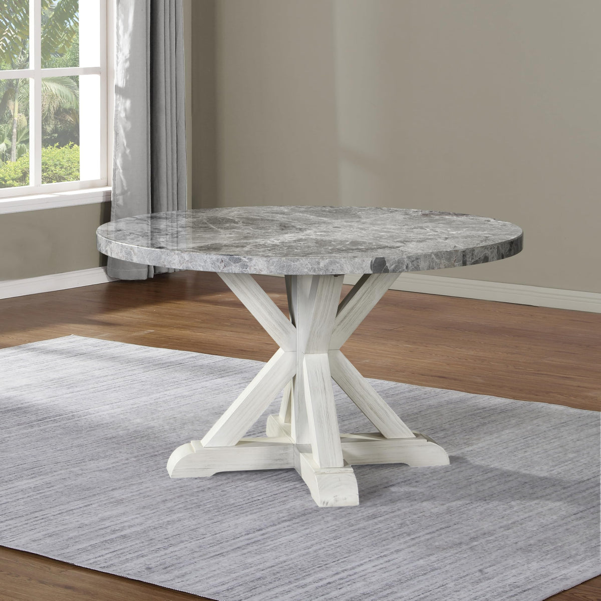 Steve Silver Furniture Canova 52-Inch Round Gray Marble Top Table, Solid Pine Wood Trestle Base, Seats up to 6, (Table Only), for Kitchen or Dining Room, 52&quot; D x 52&quot; W x 30&quot; H, Grey, White