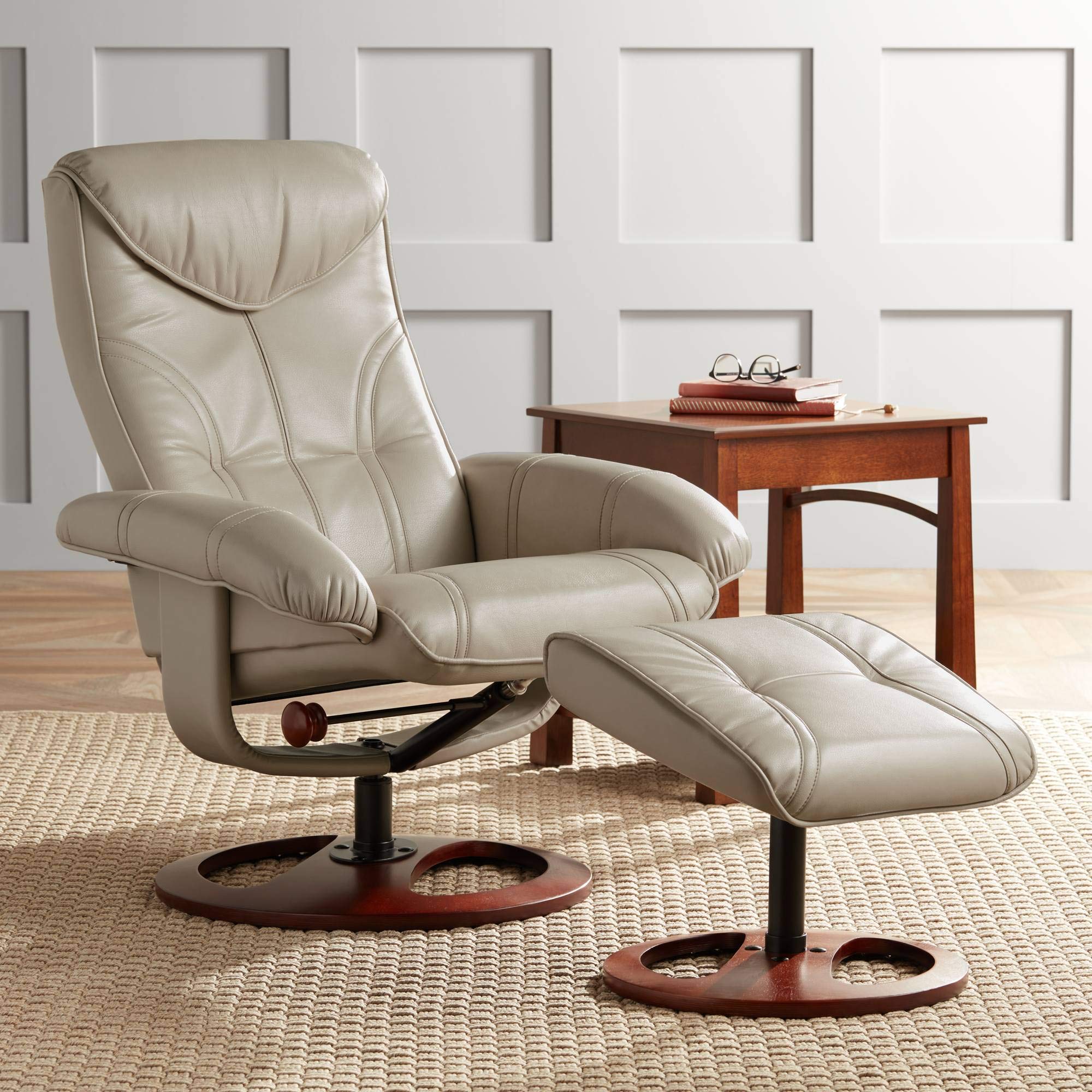 Benchmaster Newport Taupe Swivel Faux Leather Recliner Chair with Ottoman Footrest Modern Armchair Ergonomic Manual Reclining Ad