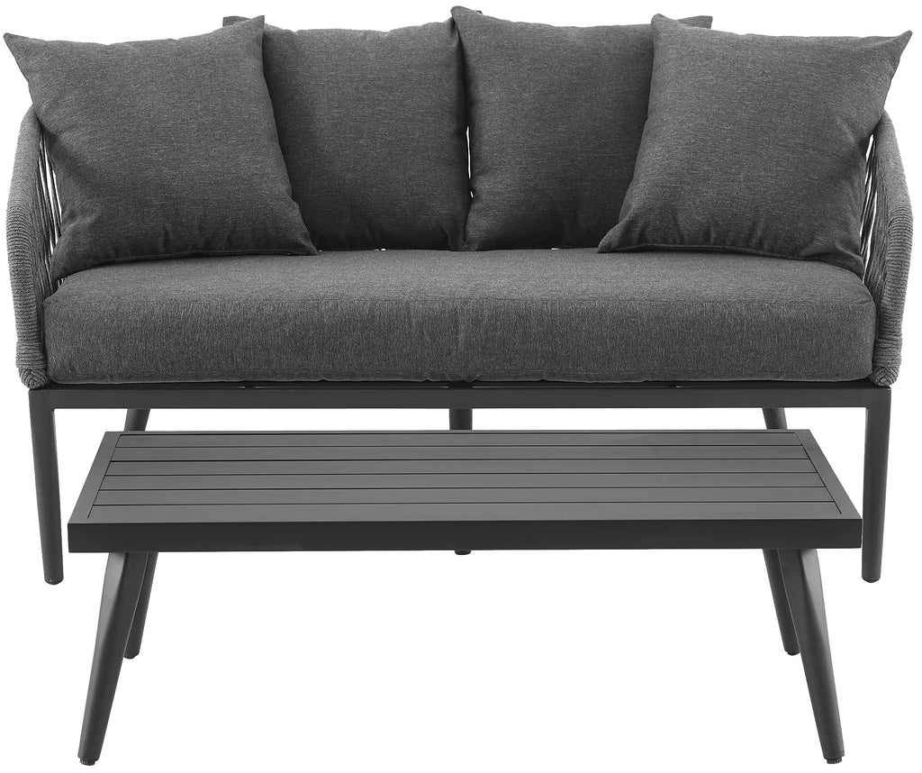 Crosley Furniture Dover 2-Piece Outdoor Coffee Table and Loveseat Patio Furniture Set for Porch, Deck, Matte Black with Charcoal Cushions