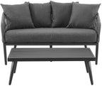 Crosley Furniture Dover 2-Piece Outdoor Coffee Table and Loveseat Patio Furniture Set for Porch, Deck, Matte Black with Charcoal Cushions