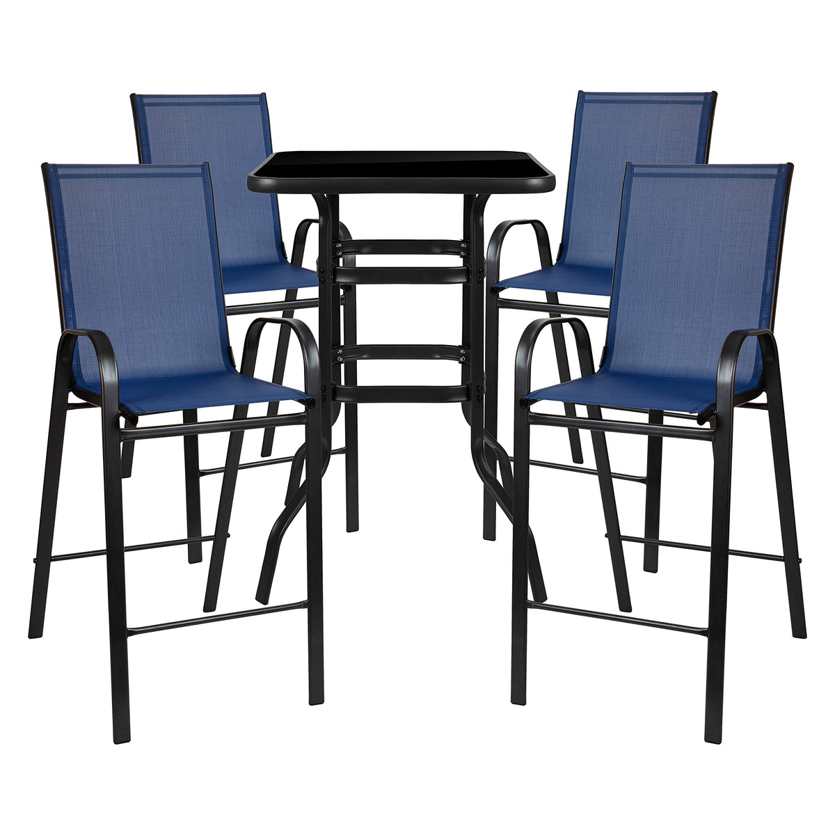 Flash Furniture Brazos Bar Table Set - 5 Piece Glass Brazos Bar Table with 4 Navy Patio Bar Stools - Brazos Outdoor Chairs