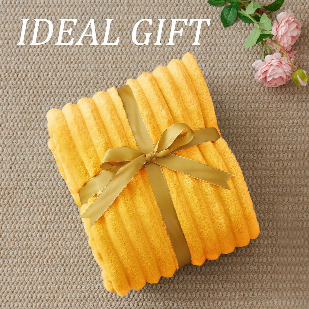 Bedelite Fleece Throw Blanket For Couch - 300Gsm Soft & Warm Fluffy Yellow Blanket, Decorative And Giftable Striped Blankets For