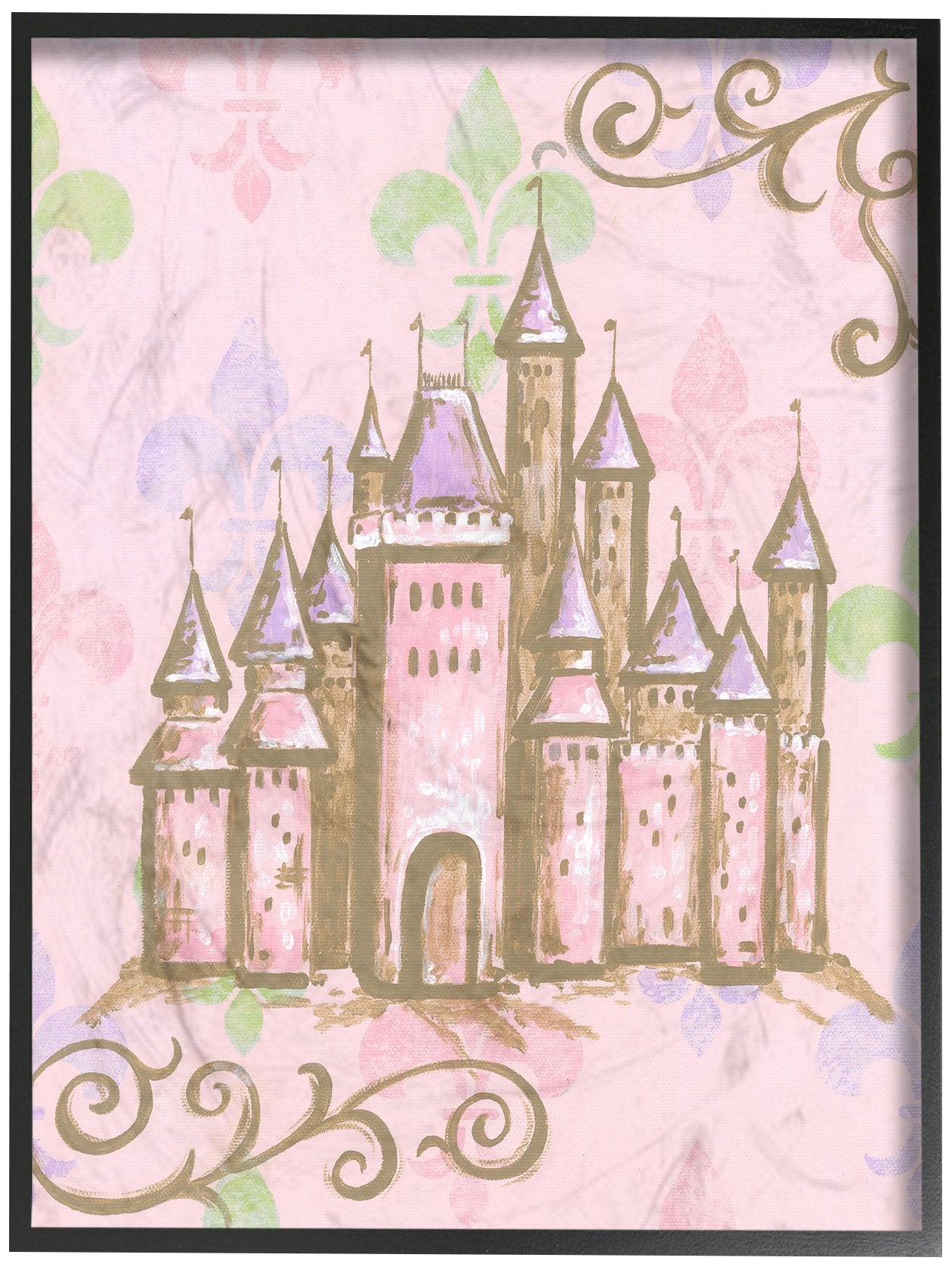 Stupell Industries The Kids Room by Stupell Castle with Fleur de Lis on Pink Background Black Framed Wall Art, 16 x 20, Design b